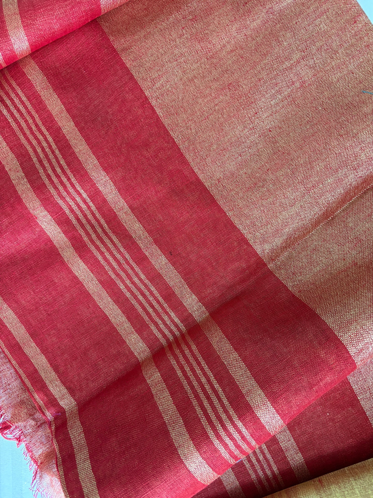 Red golden pure Linen By Linen Saree With running Blouse