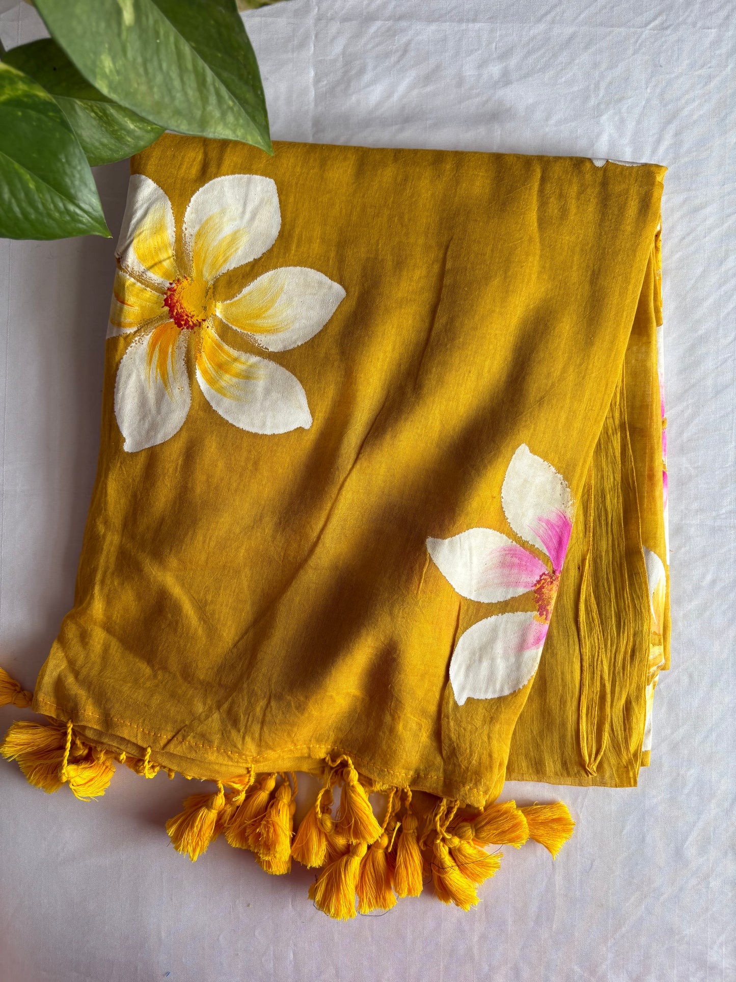 Hand Painted Mul Cotton Saree - Mustard