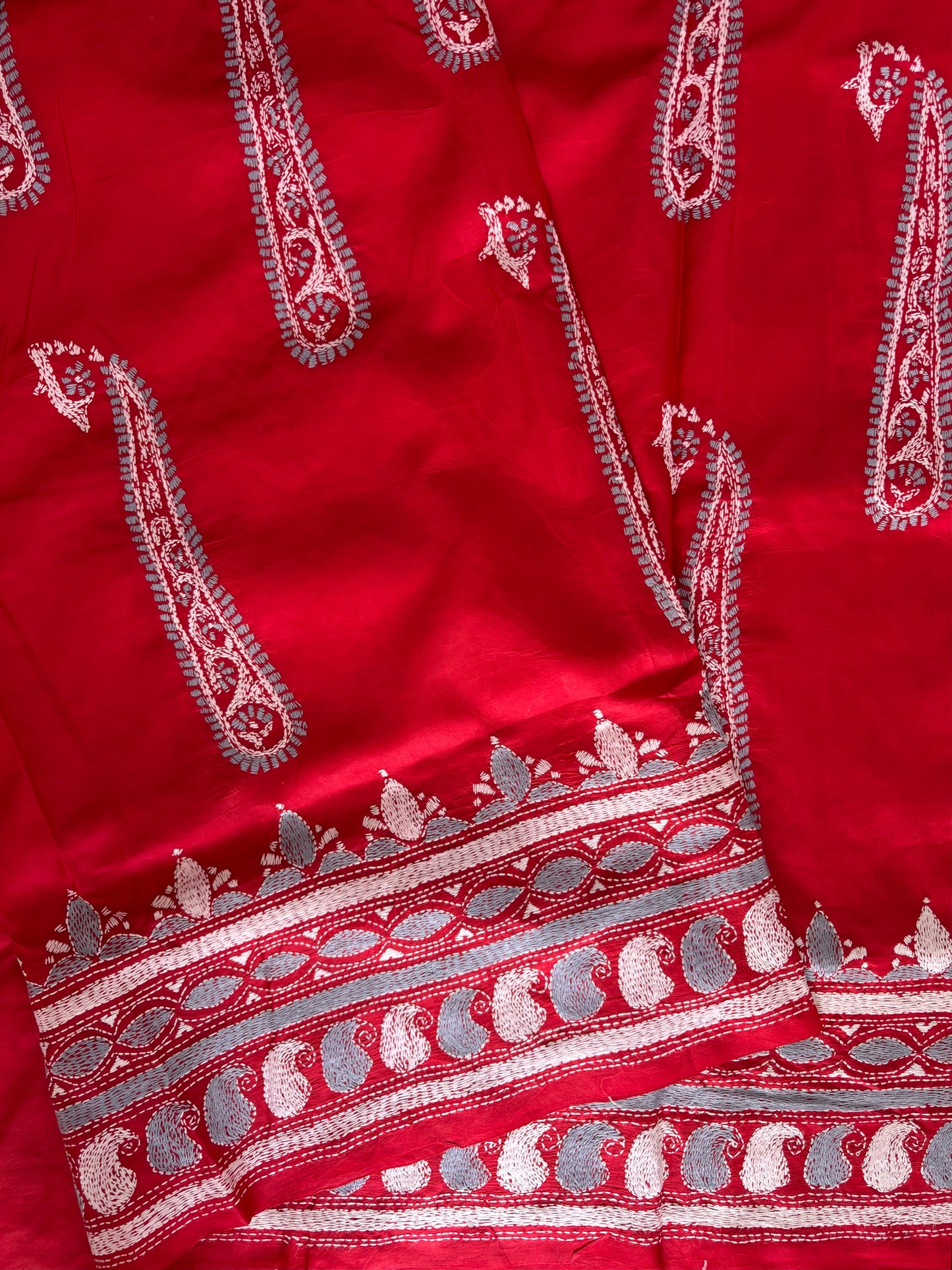 Red Kantha Stitch Hand Embroidered Pure Banglore Silk Saree (Silk Marked)