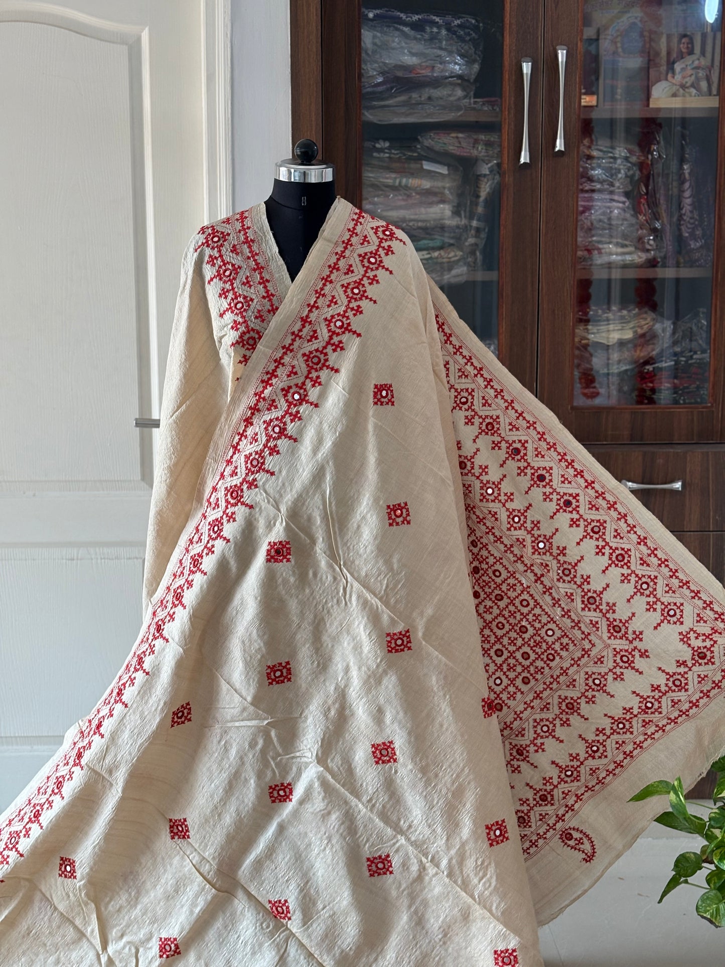 Kutch Hand Embroidered Pure Gachi Tassar Silk Saree with real mirror work