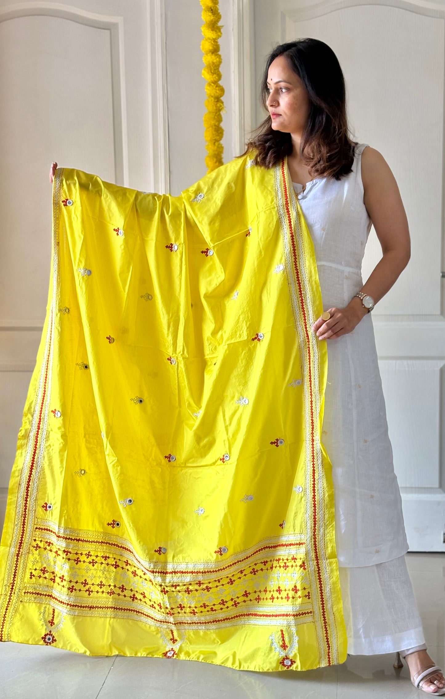 Kutch Hand Embroidered Blended Banglore Silk Dupatta Yellow