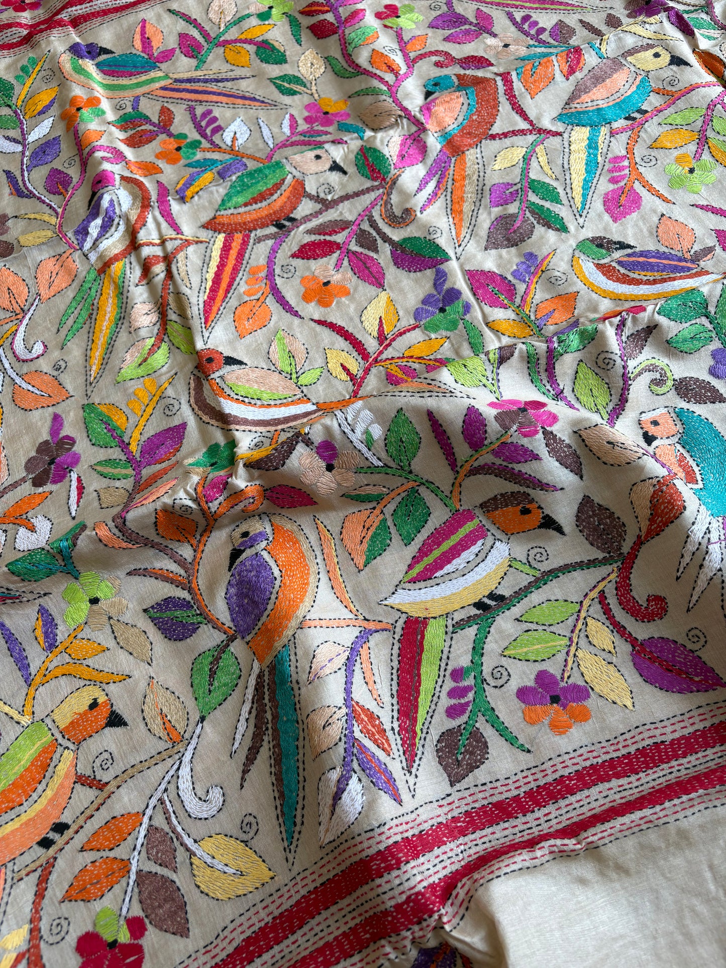 Kantha Stitch Hand Embroidered Pure Gachi Tussar Silk Saree (Silk Marked)
