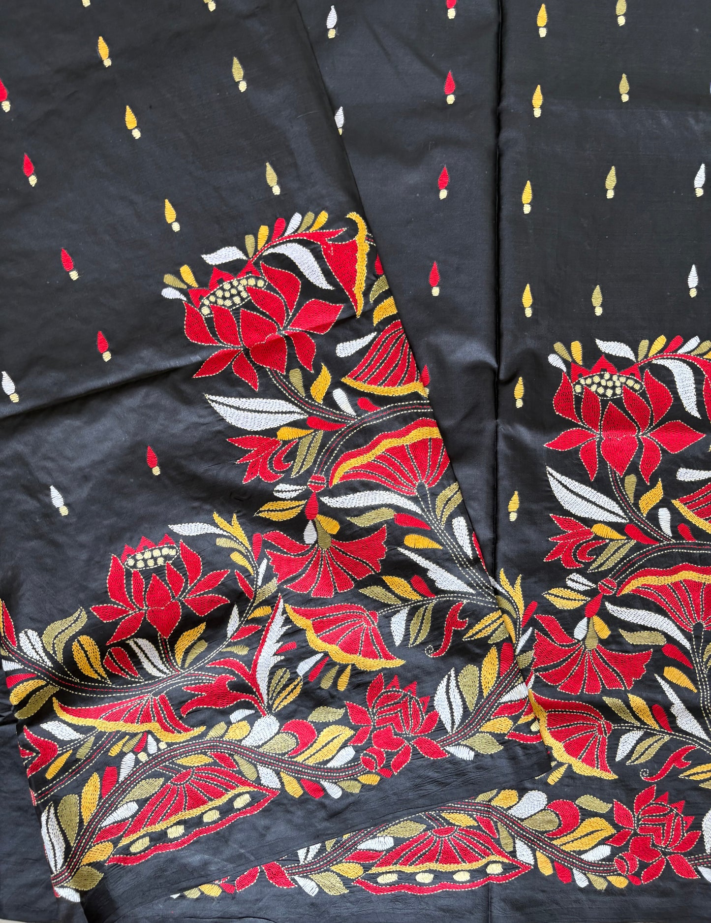 Black Kantha Stitch Hand Embroidered Pure Banglore Silk Saree (Silk Marked)