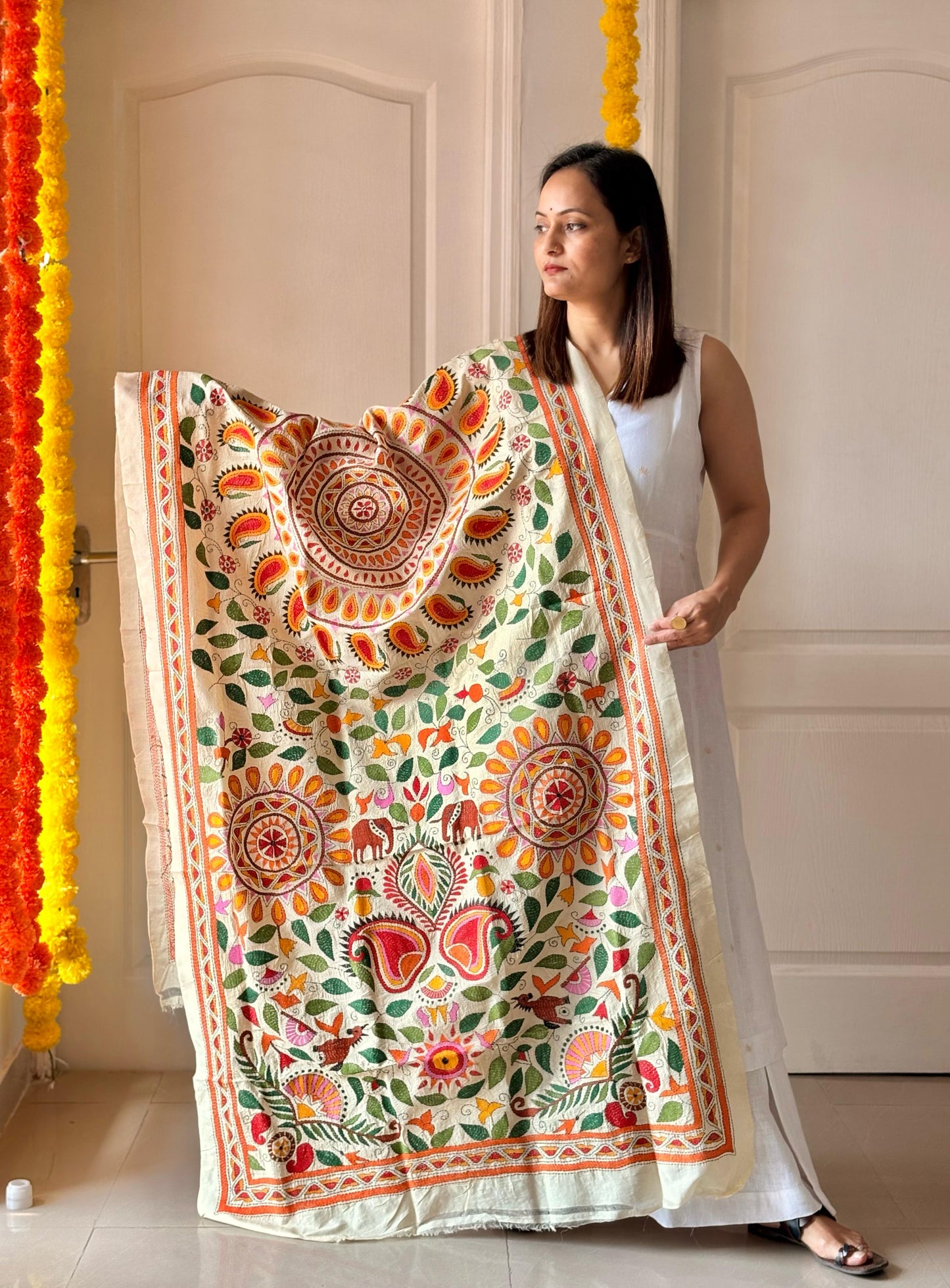 Kantha Hand Embroidary Full Work Semi Tusshar Silk Dupatta 36”