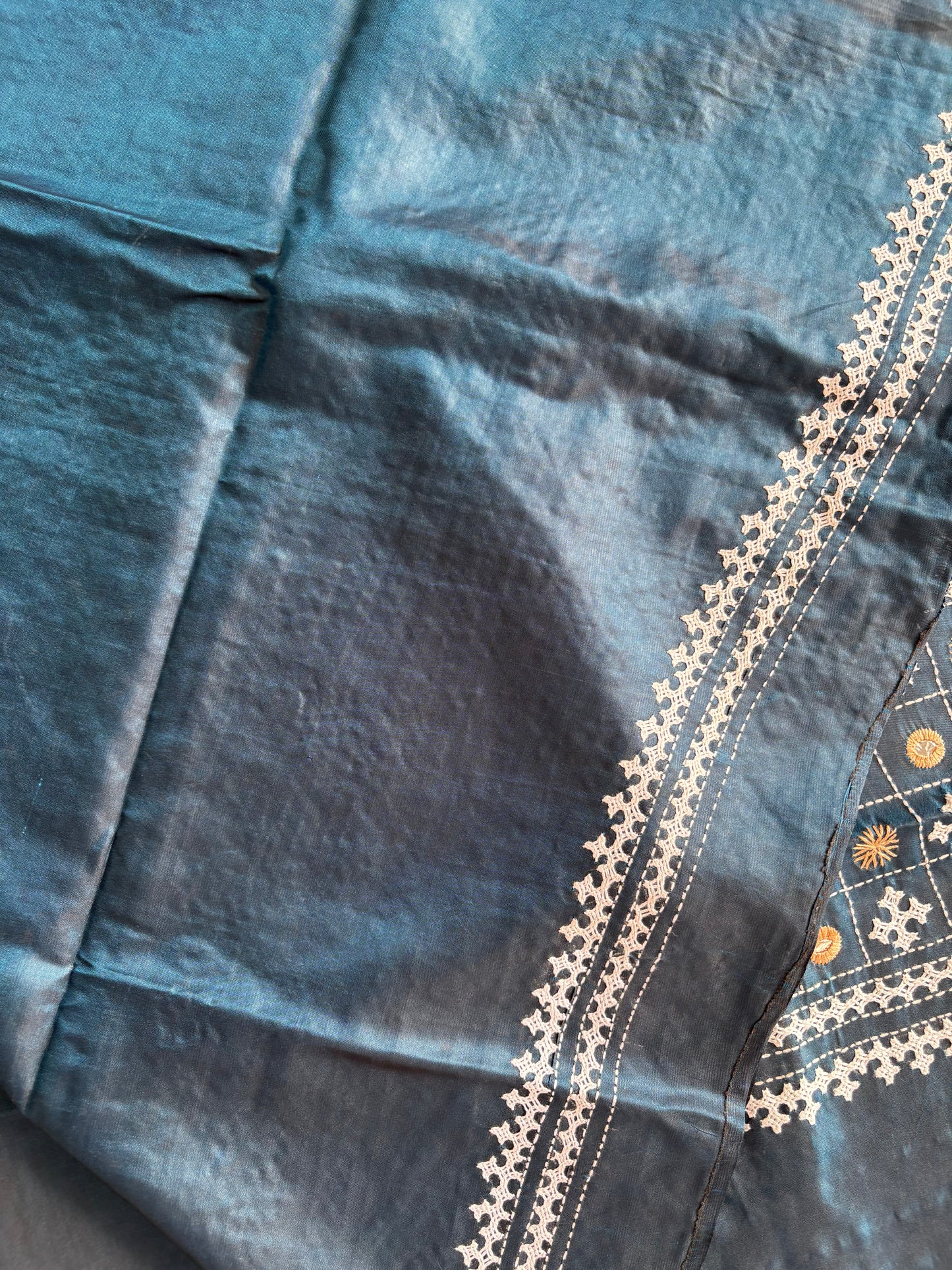 Gujrati Stitch/Kutch Hand Embroidered Art Silk Saree