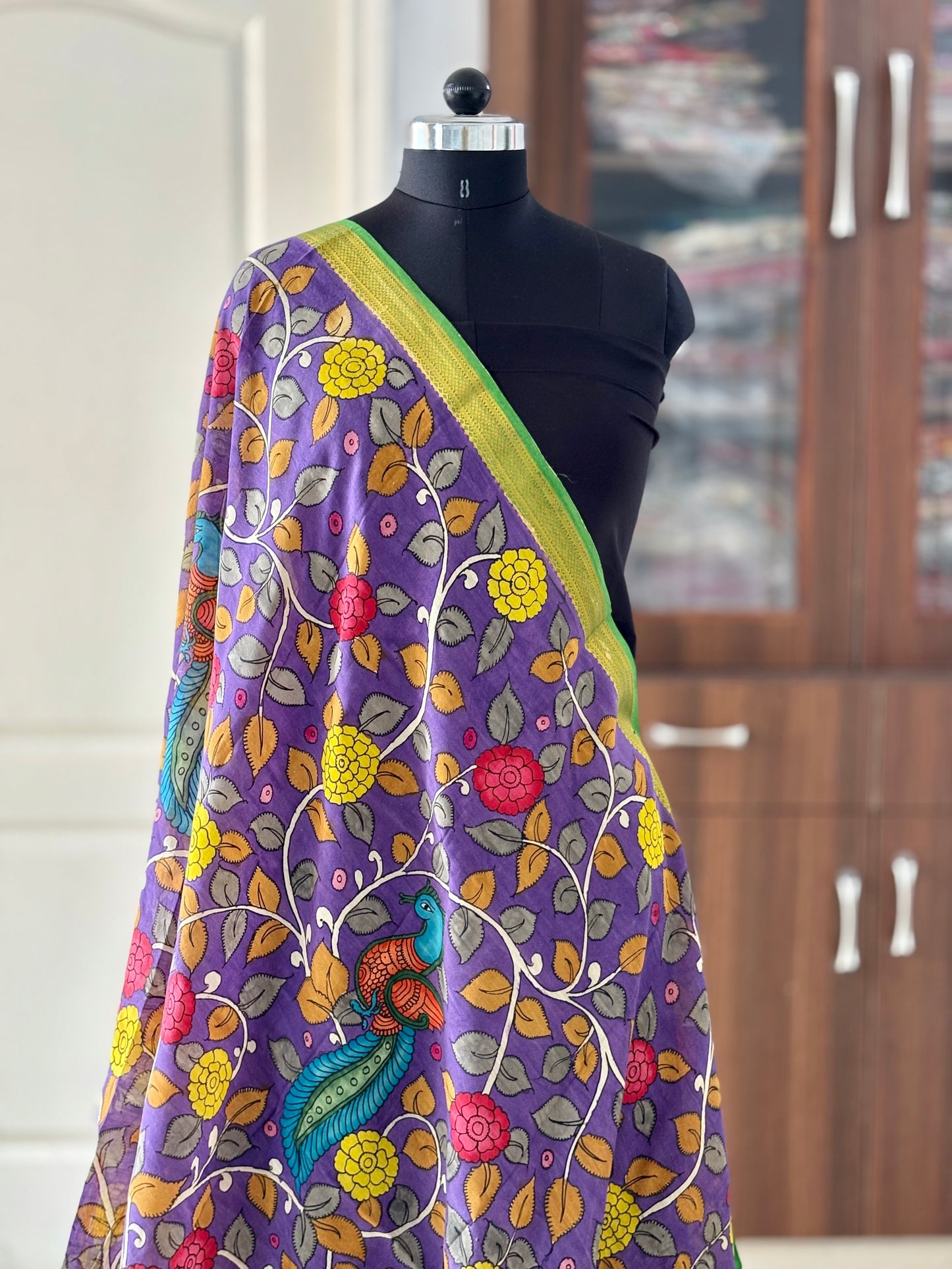 Pen Kalamkari hand painted Banglore Silk Dupatta