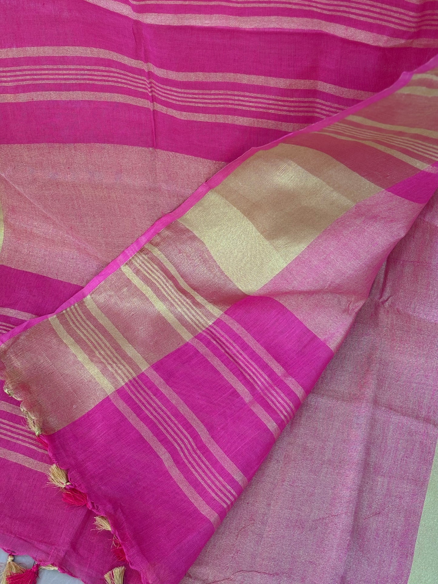 Pink gold pure Linen By Linen Saree With running Blouse