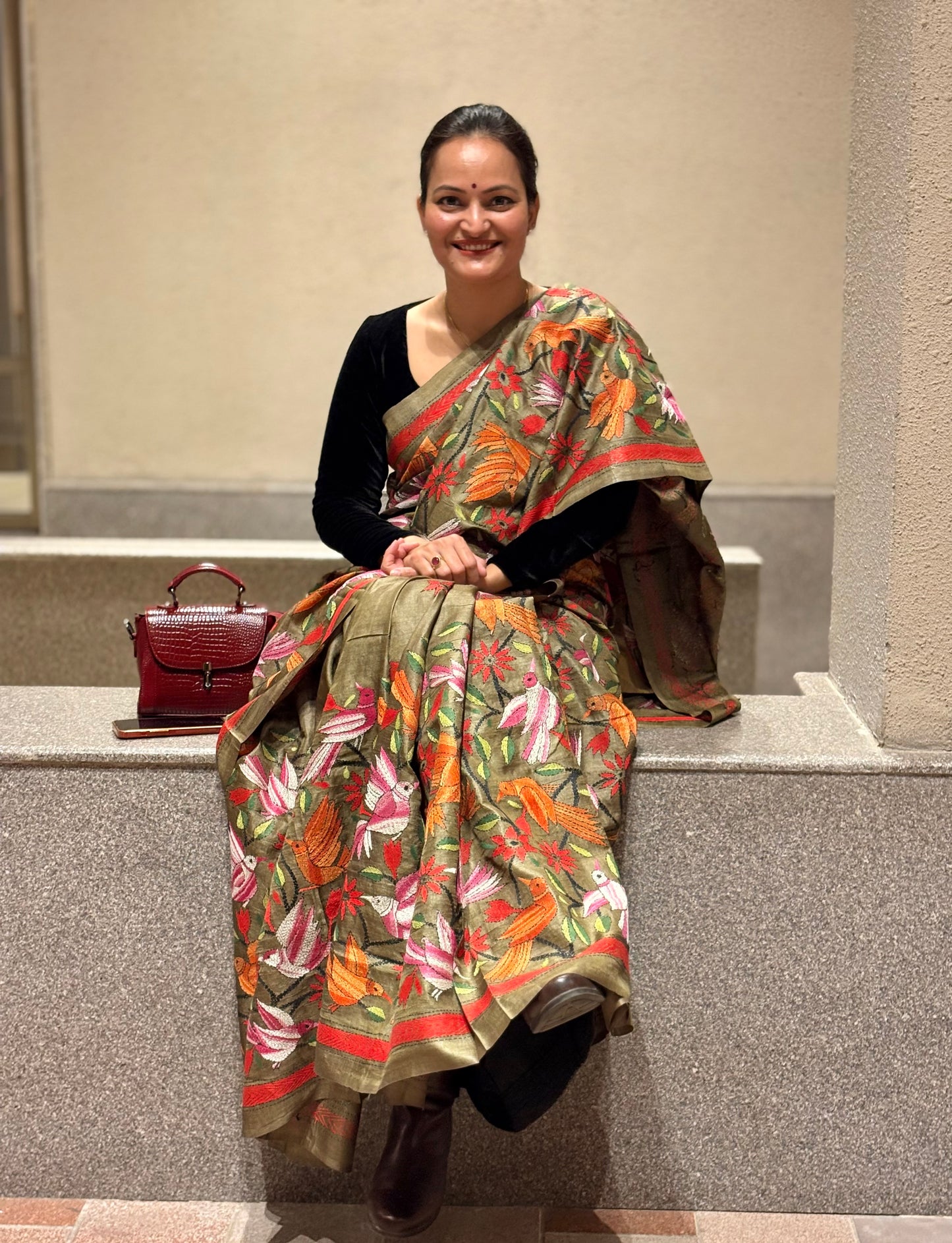 Kantha - Stitch Hand Embroidered Saree | Pure Gachi by Gachi Tussar Silk | Silk Mark Certified | Olive