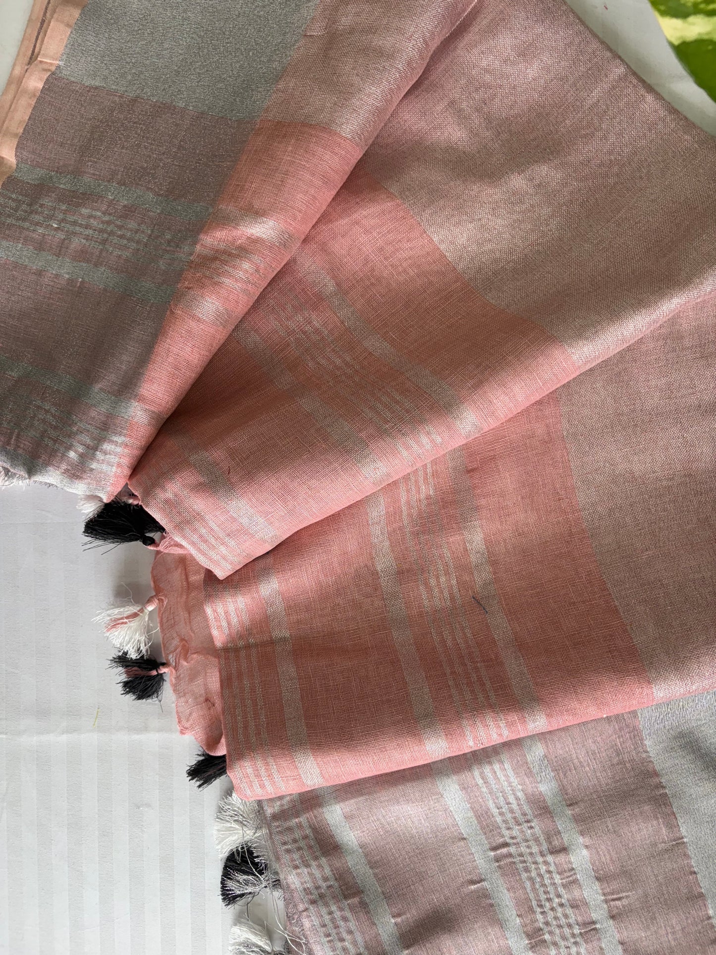 Peach silver pure Linen By Linen Saree With running Blouse