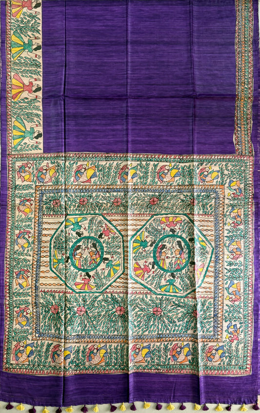 Pure Tussar Ghicha Silk Handcrafted Madhubani Saree (Silk Marked)