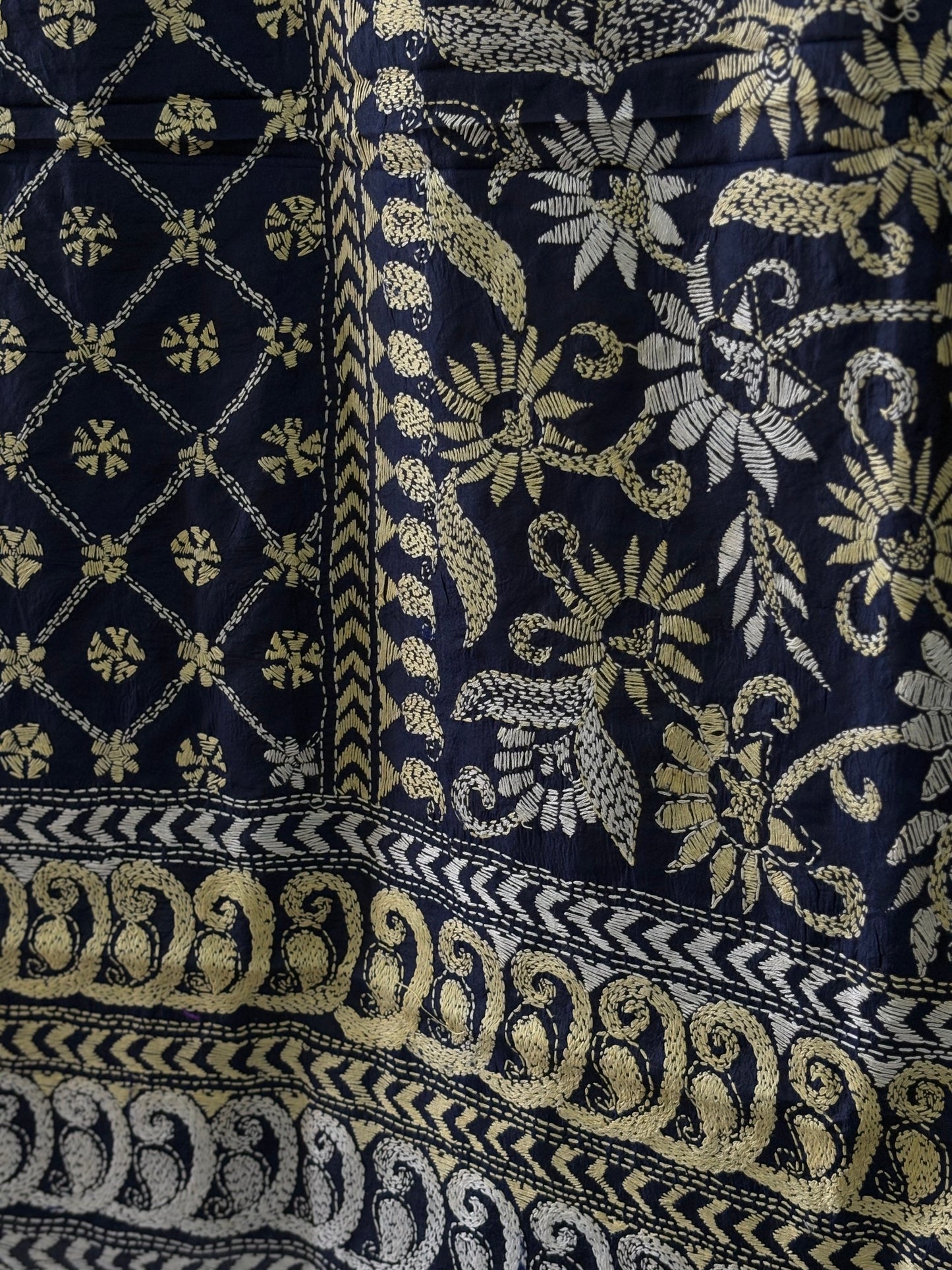 Kantha Stitch Hand Embroidary Full Work Pure Banglore Silk Dupatta - Navy Blue