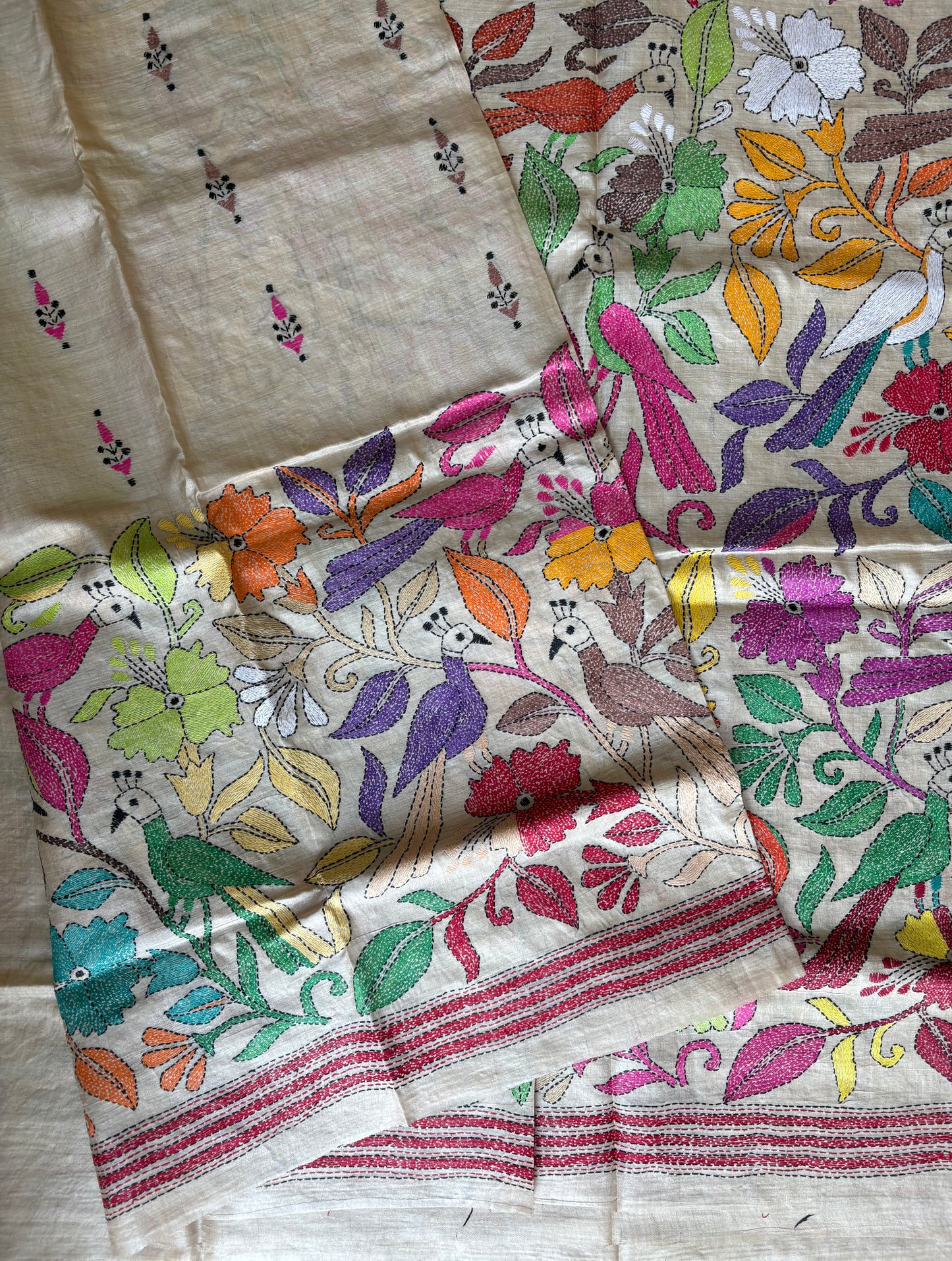 Kantha Hand Embroidered Pure Gachi Tassar Silk Saree - Silk Marked
