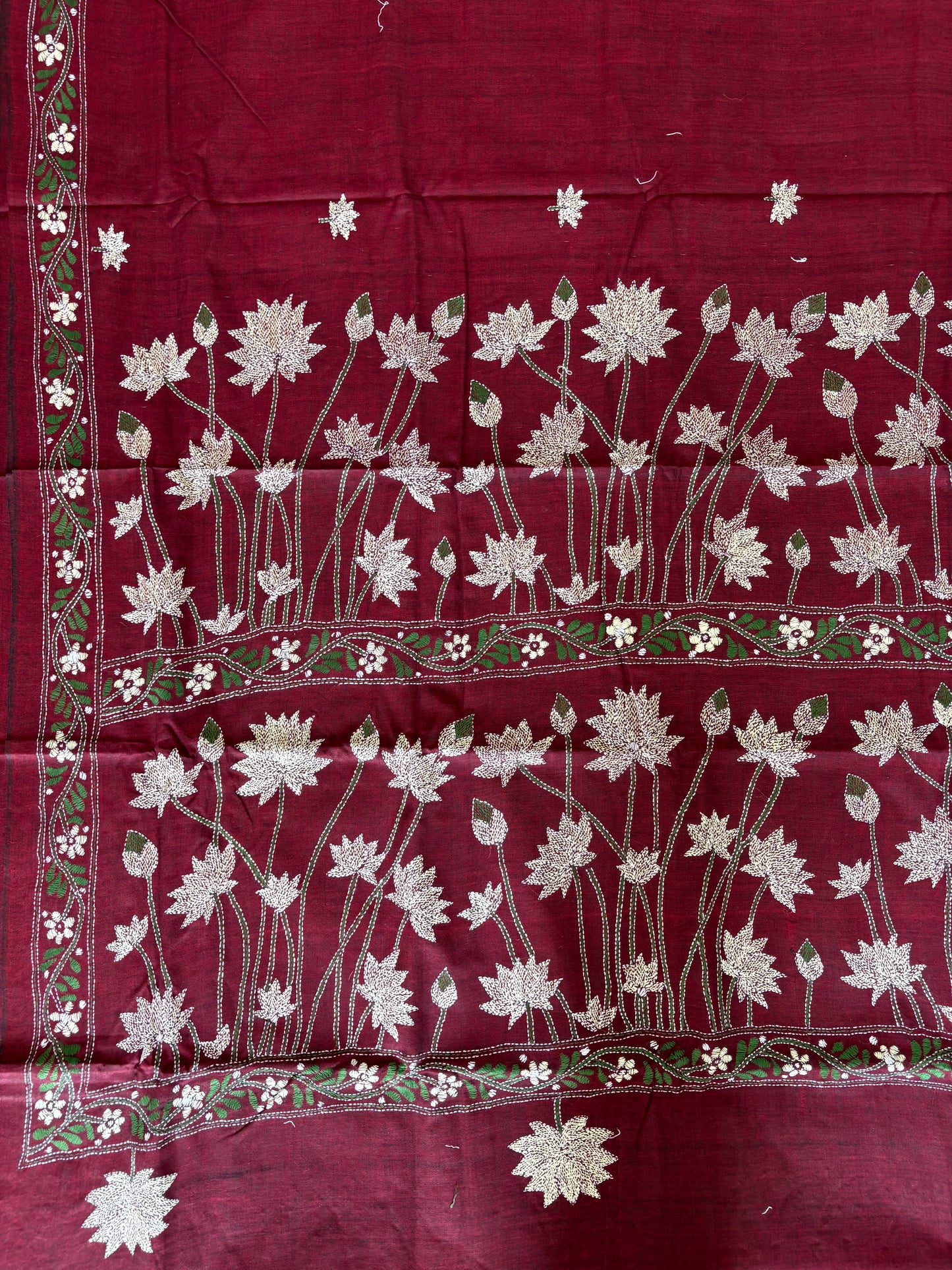 Kantha stitch Khadi Cotton Saree - Maroon