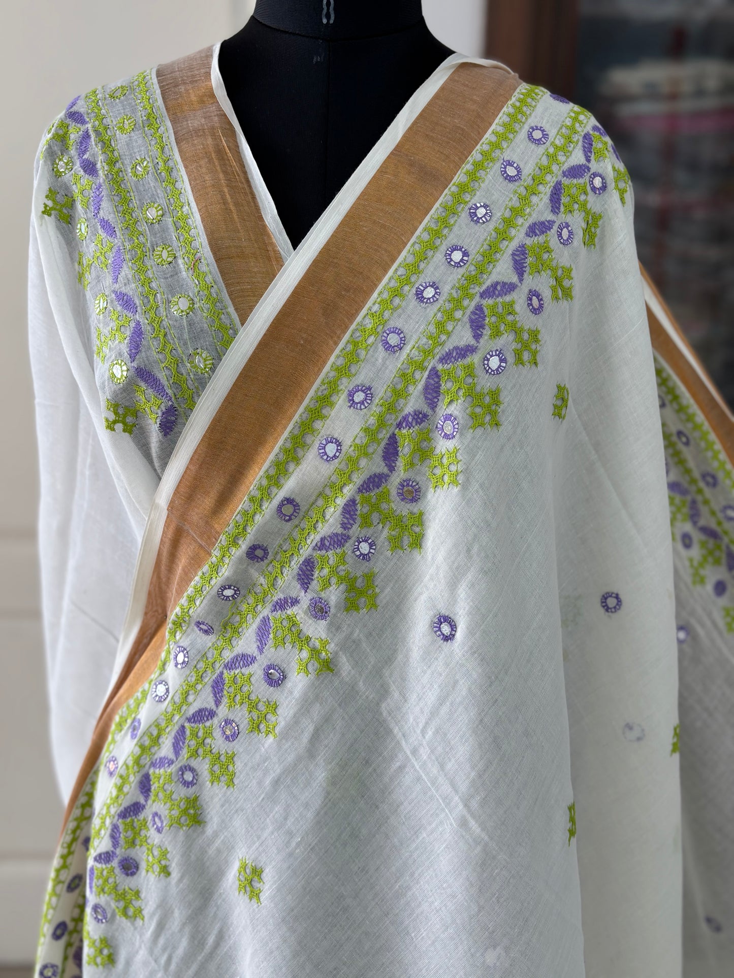 Gujrati Stitch/Kutch Hand Embroidered South Cotton Saree