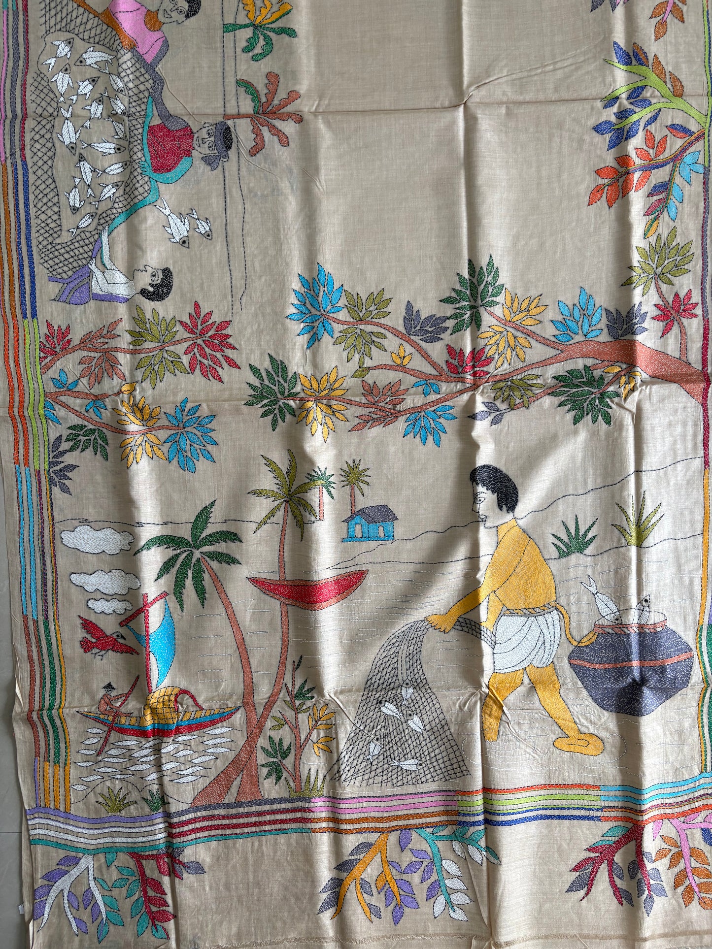 Kantha Stitch Hand Embroidered Pure Gachi by Gachi Tassar Silk Saree (Silk Marked)