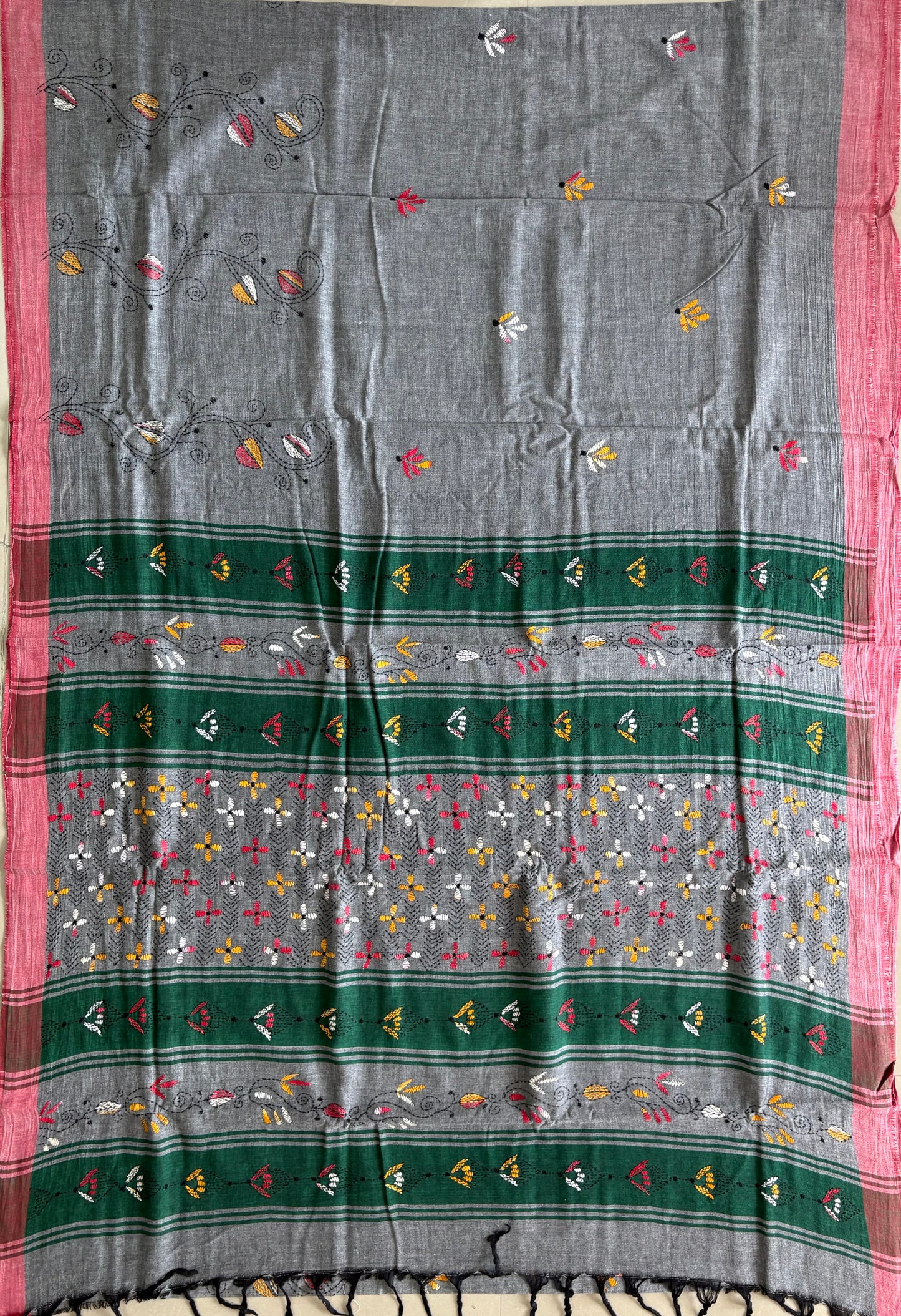 Kantha Hand Embroidered Pure Cotton Saree – Off White