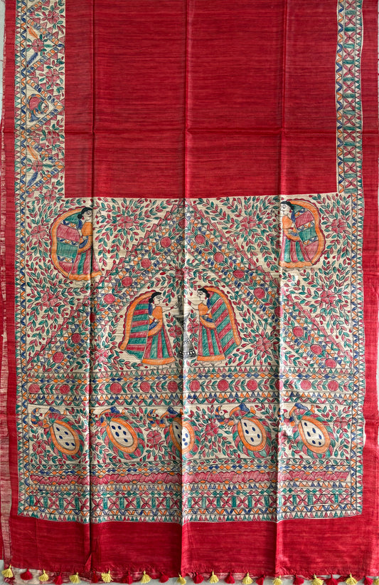 Pure Tussar Ghicha Silk Handcrafted Madhubani Saree (Silk Marked)
