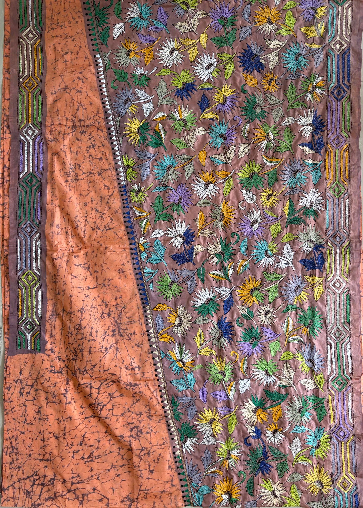 Kantha Hand Embroidered Hand Batik Art Silk Saree With Blouse