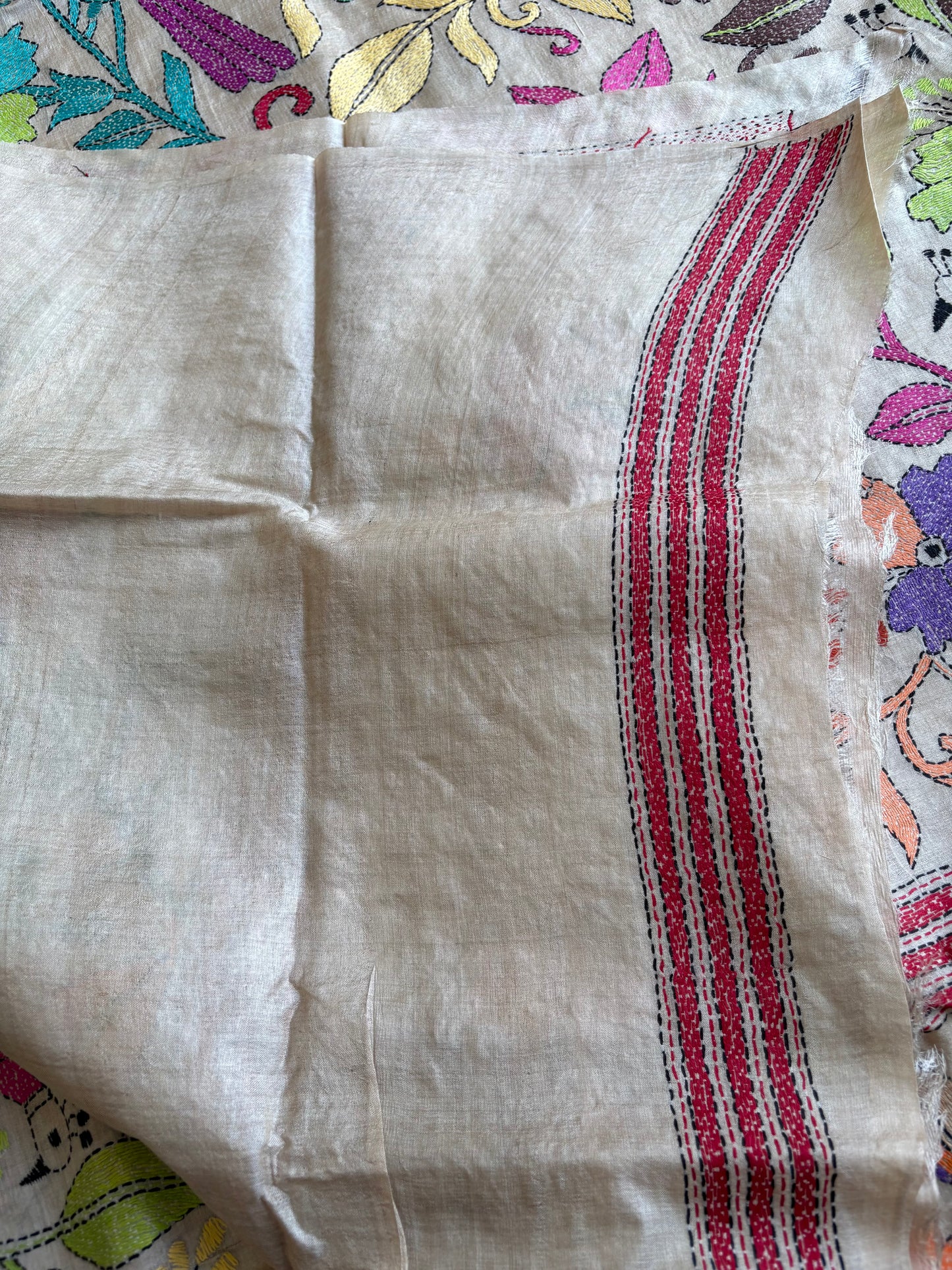 Kantha Hand Embroidered Pure Gachi Tassar Silk Saree - Silk Marked
