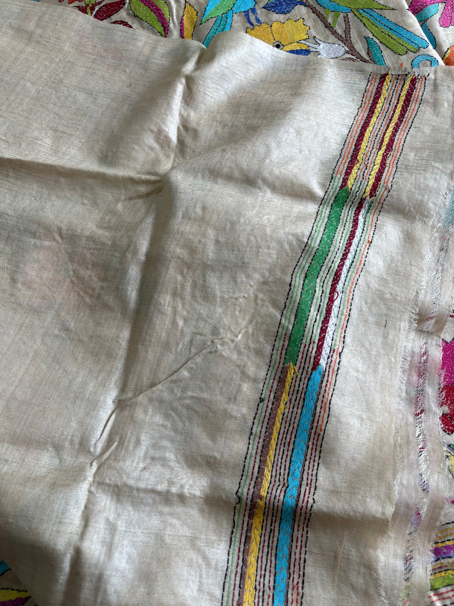Kantha Stitch Hand Embroidered Pure Gachi Tussar Silk Saree (Silk Marked)