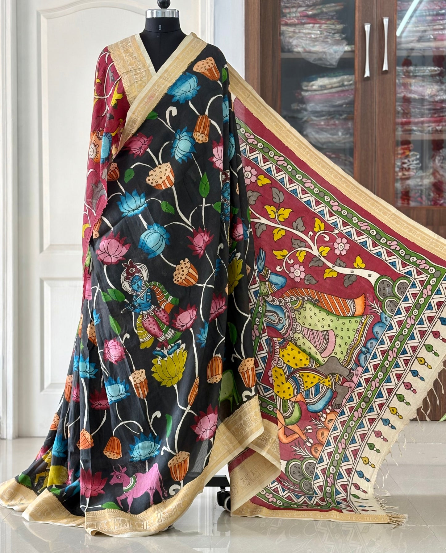 Pen Kalamkari hand painted Banglore Silk Saree with blouse