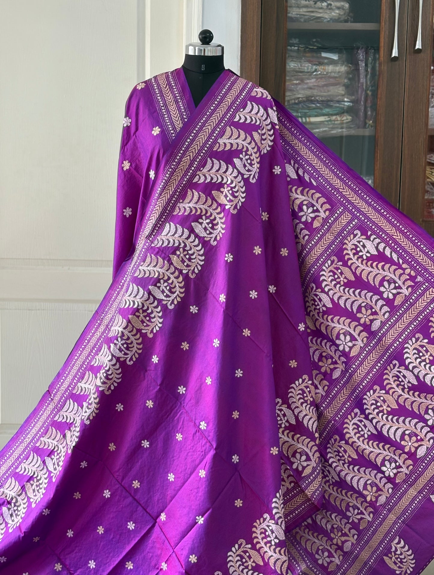 Purple Kantha Stitch Hand Embroidered Pure Banglore Silk Saree