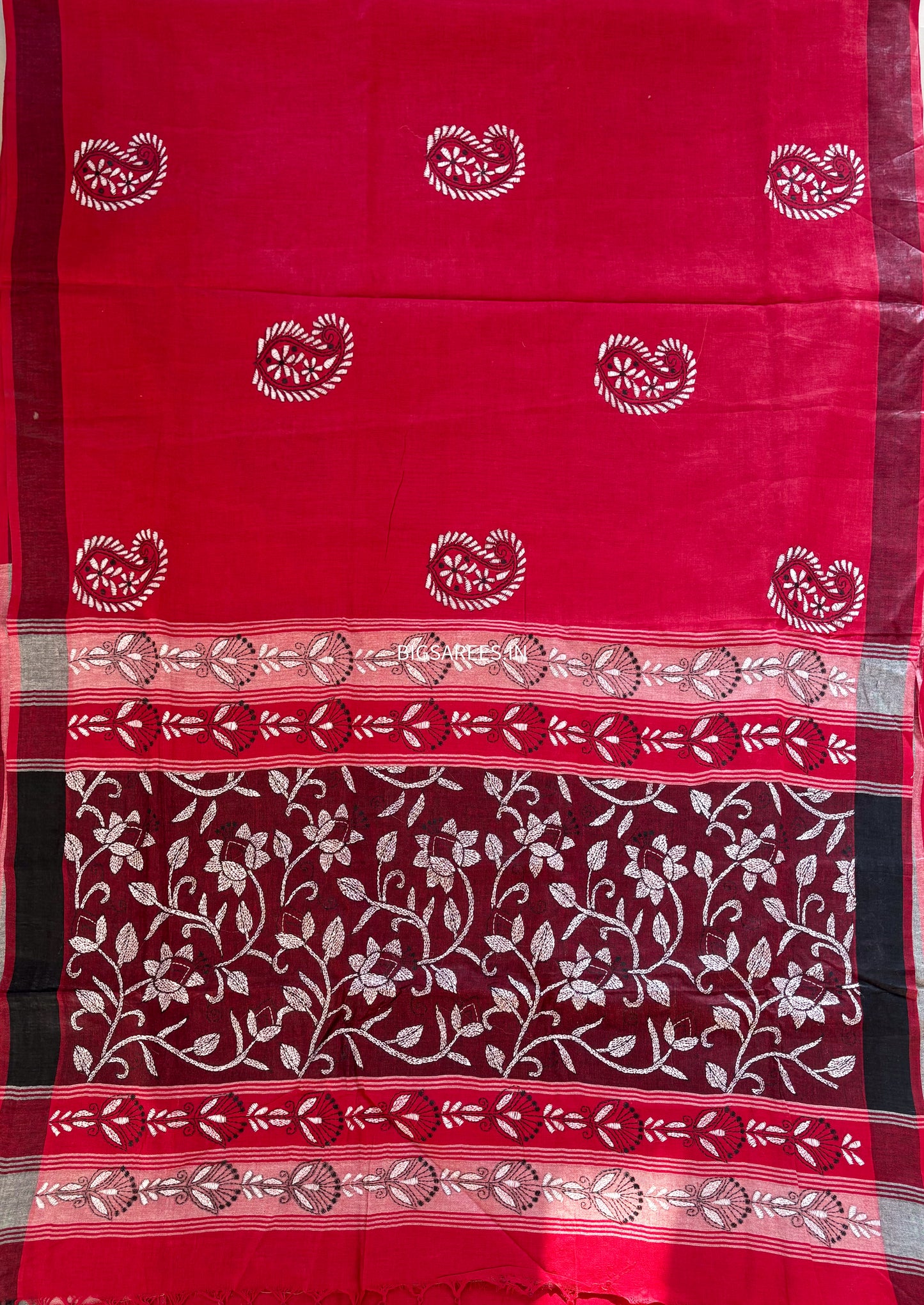 Red Kantha Hand Embroidered Pure Cotton Saree