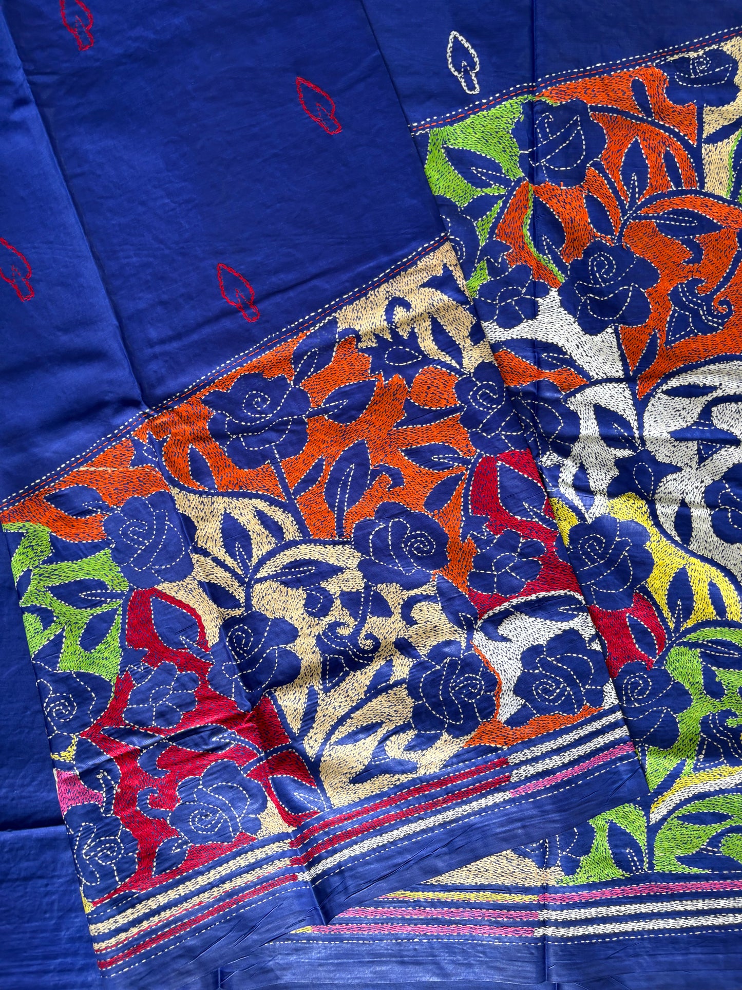 Kantha Hand Embroidered Blended Banglore Silk/Art Silk Saree With Blouse