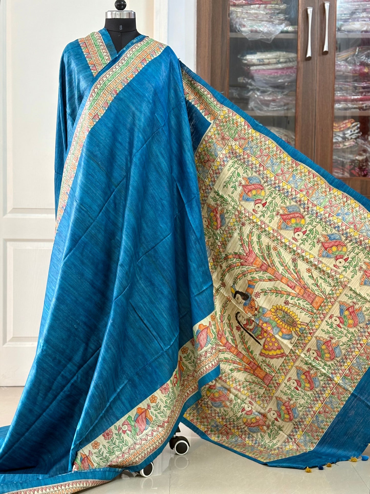 Pure Tussar Ghicha Silk Handcrafted Madhubani Saree (Silk Marked)