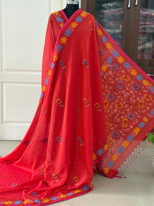 Kantha stitch Hand Embroidered Pure mul Cotton Saree
