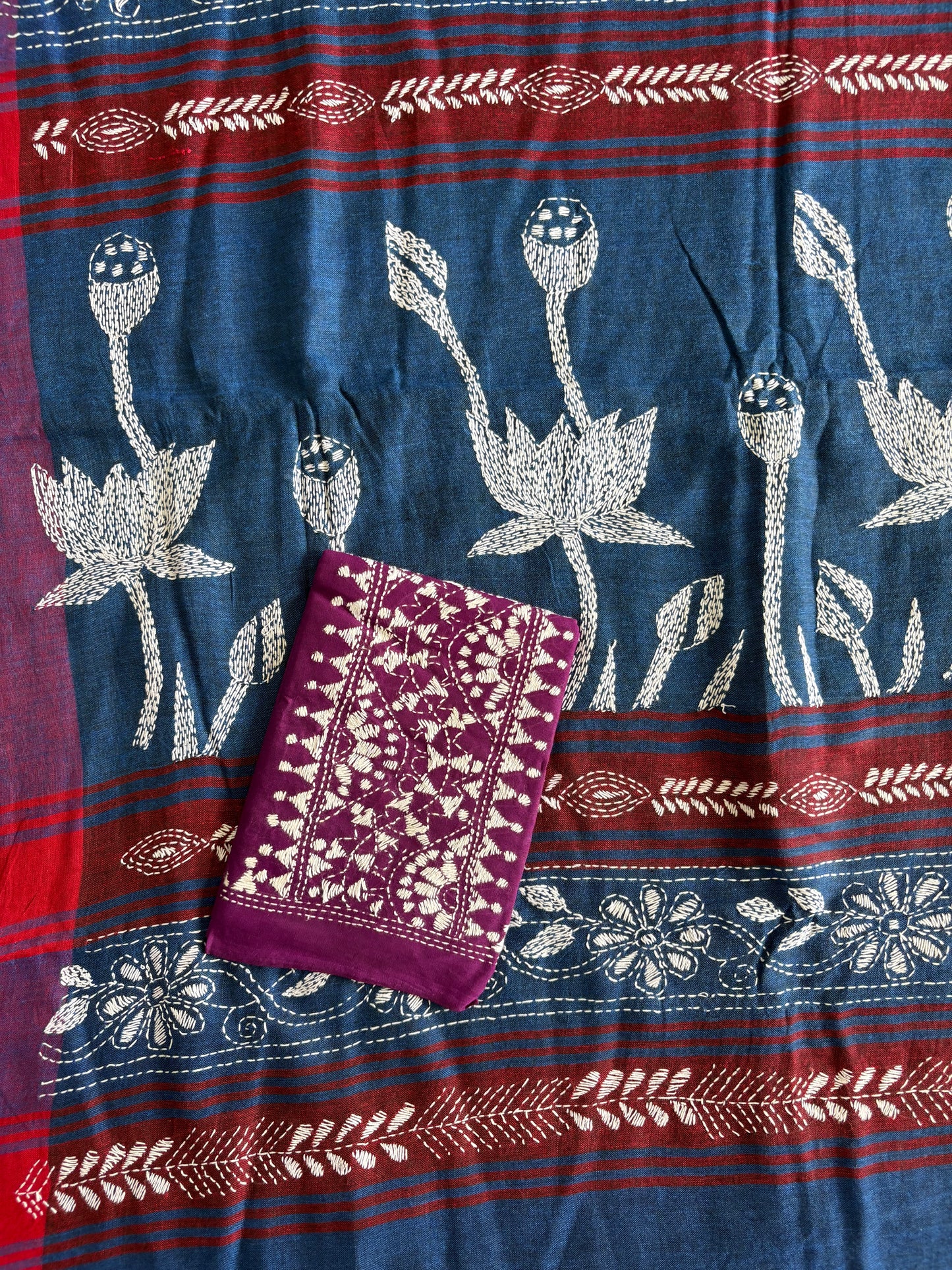 Kantha hand embroidered pure cotton saree with blouse