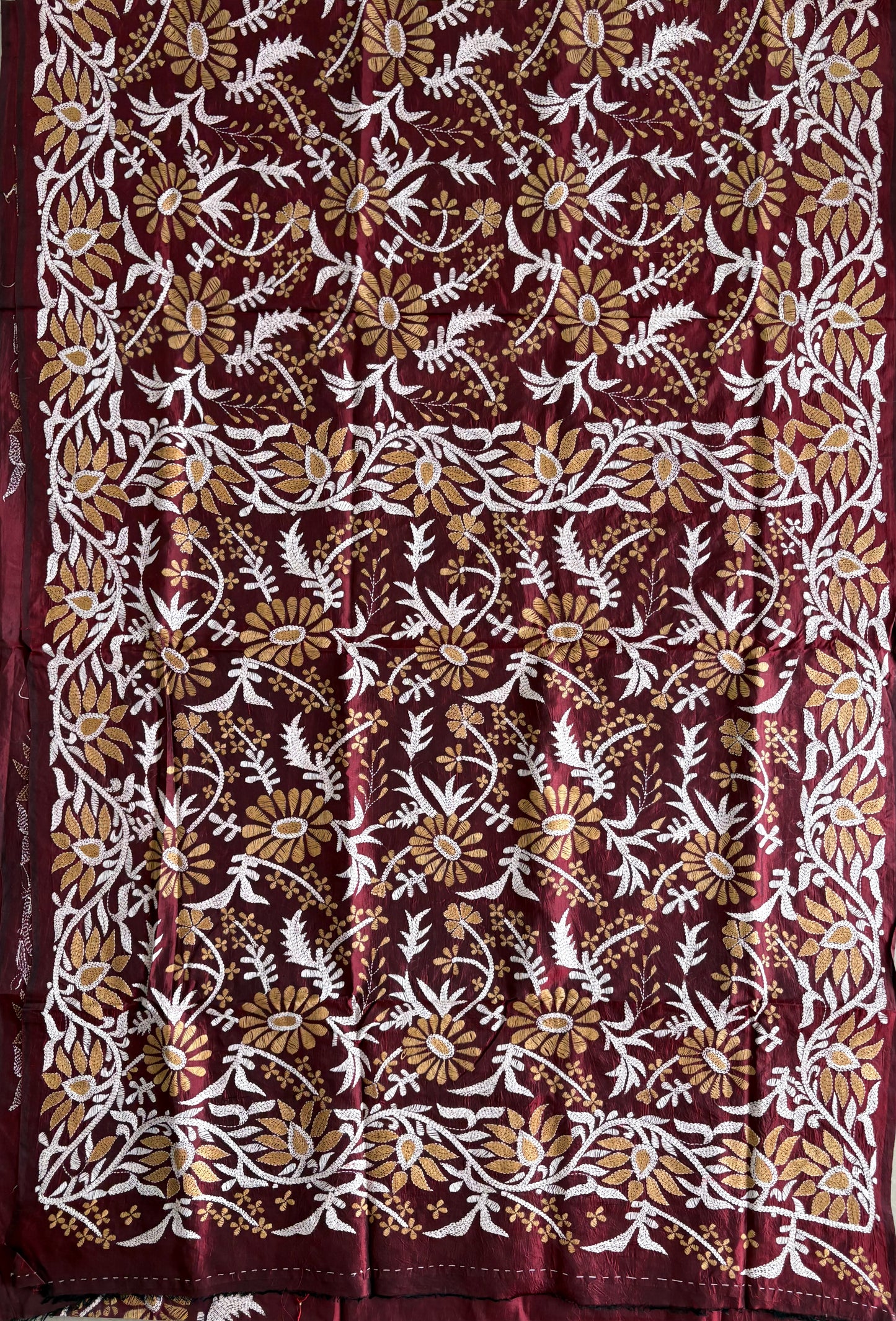 Maroon Kantha Stitch Hand Embroidered Pure Banglore Silk Saree