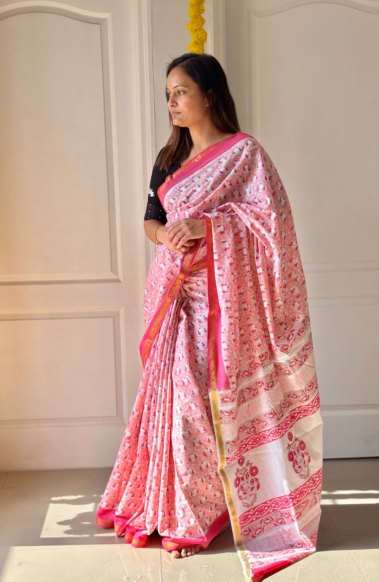 Handblock Printed Natural Dye Mulmul Cotton Saree