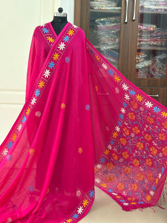 Kantha stitch Hand Embroidered Pure mul Cotton Saree