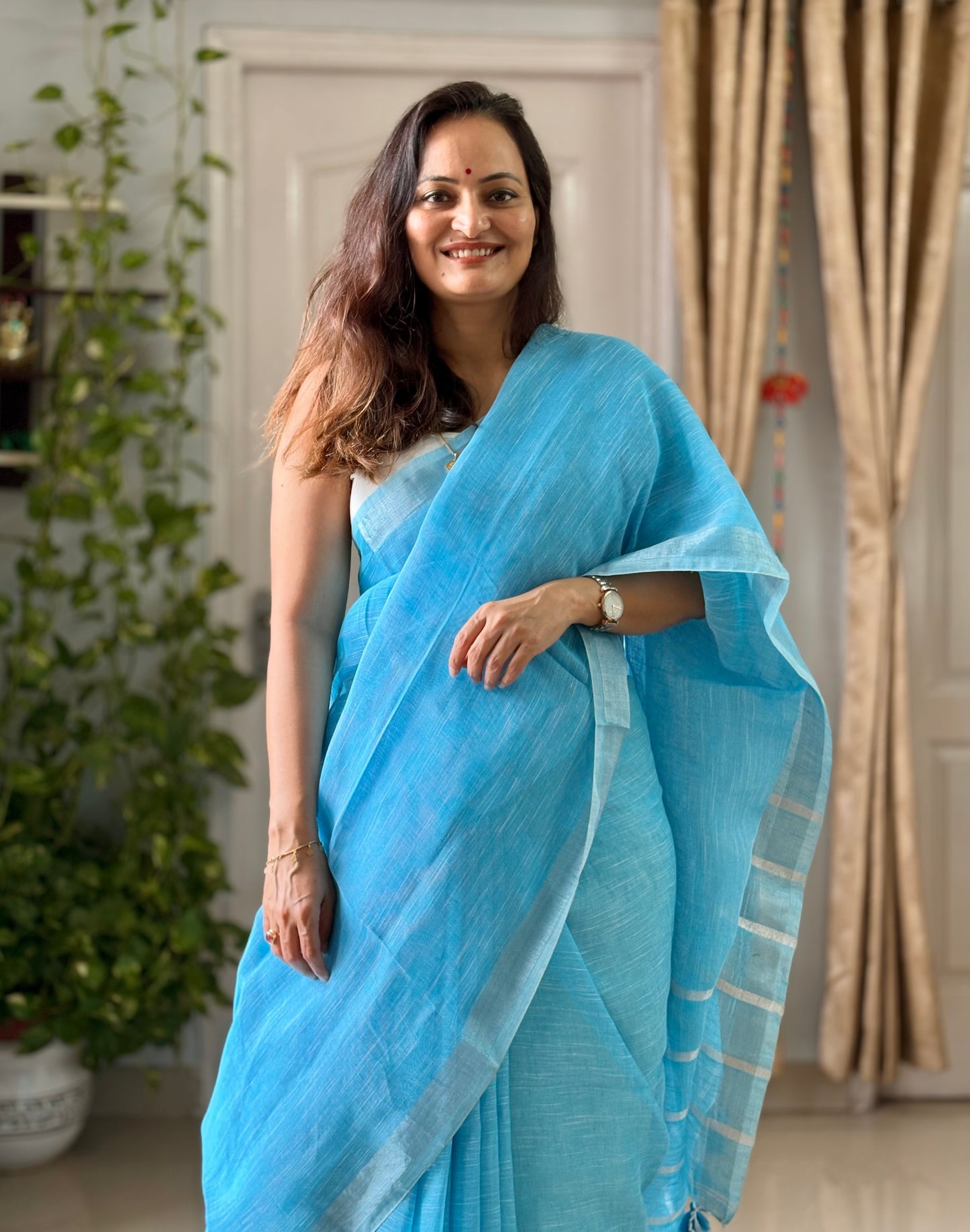 Linen By Linen Saree With Blouse - Sky Blue