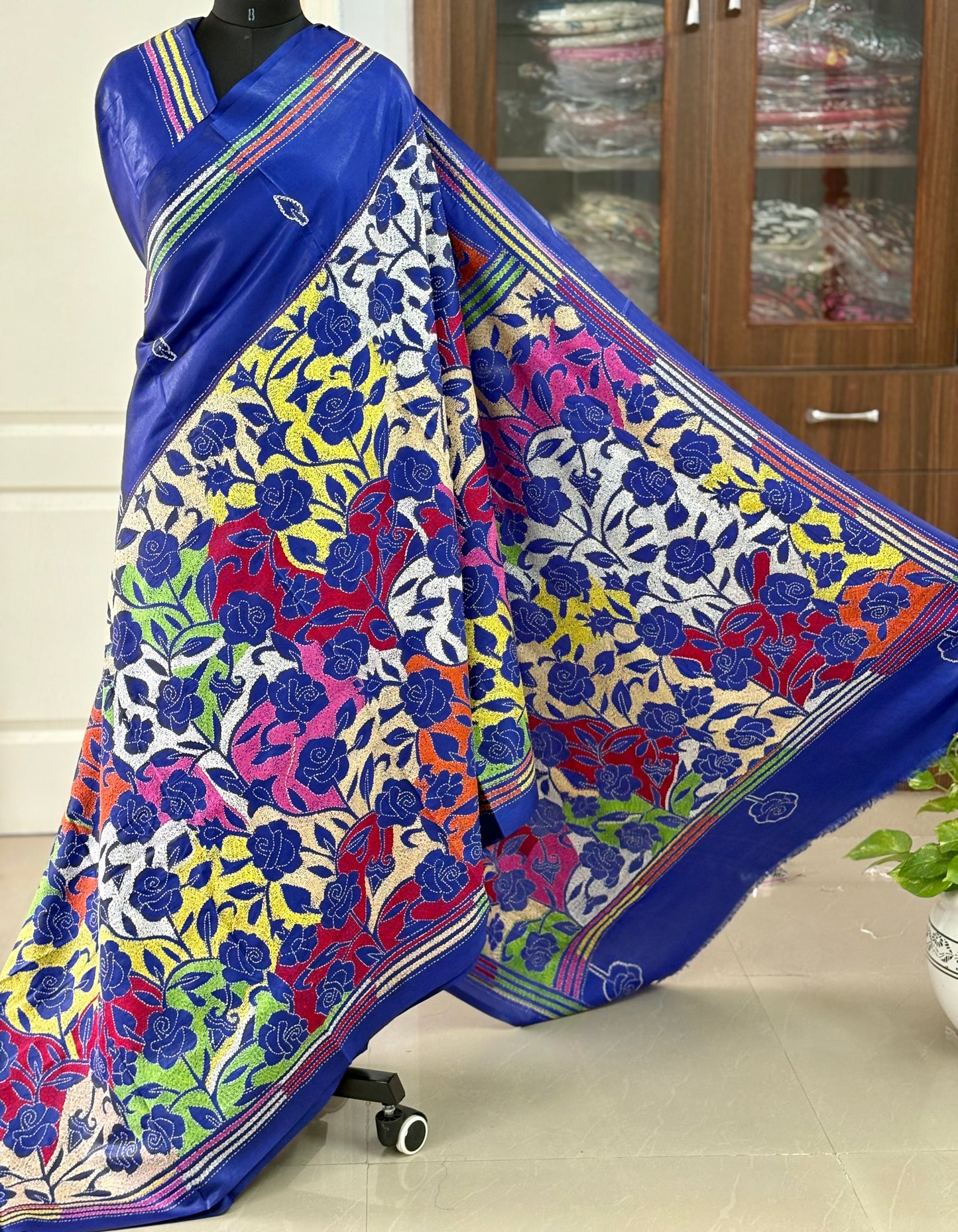 Kantha Hand Embroidered Blended Banglore Silk/Art Silk Saree With Blouse