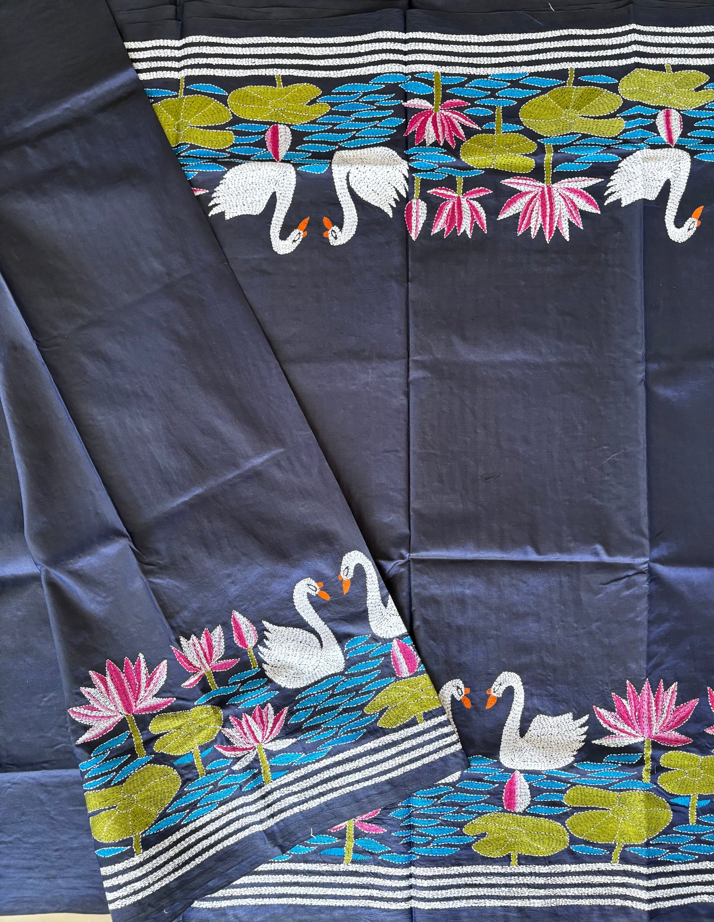 Kantha Hand Embroidered Pure Banglore Silk Saree (Silk Marked)