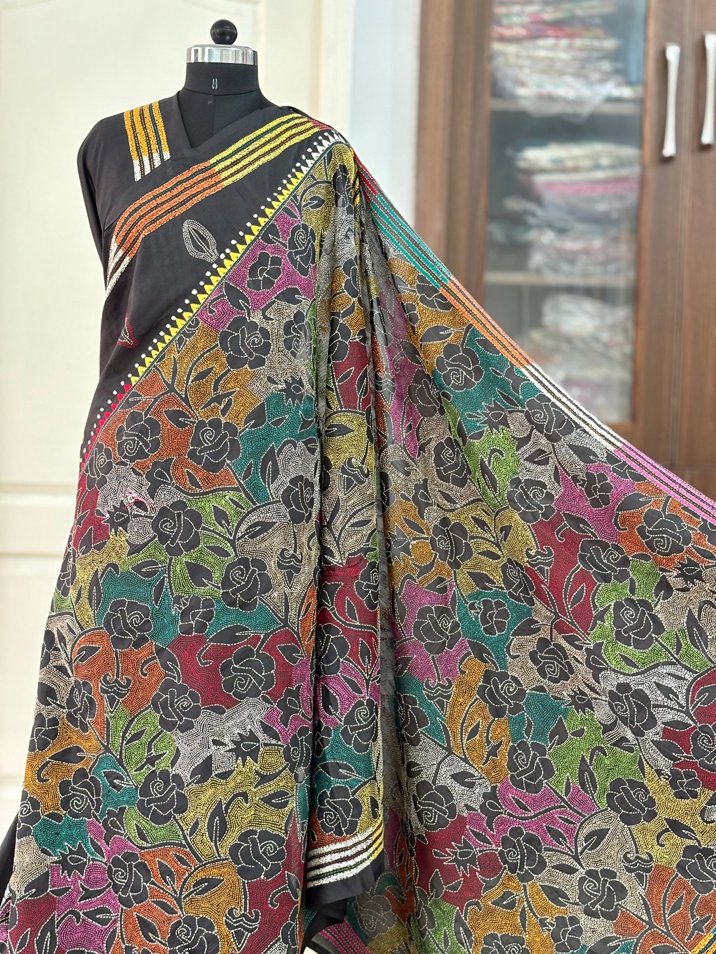 Kantha Stitch Hand Work Embroidered Art Silk Saree With Blouse