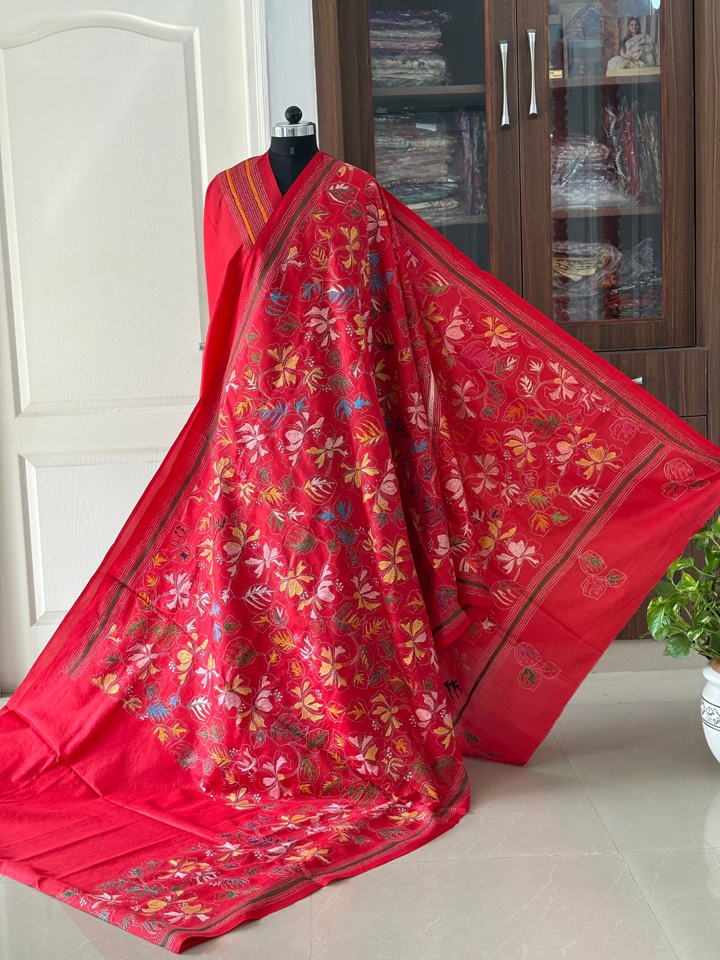 Kantha Stitch Hand Embroidered Pure Banglore Silk Saree (Silk Marked)