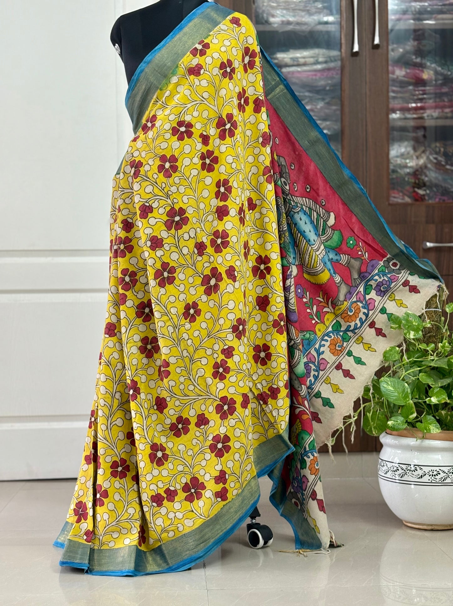 Pen Kalamkari hand painted pure cotton Saree with blouse