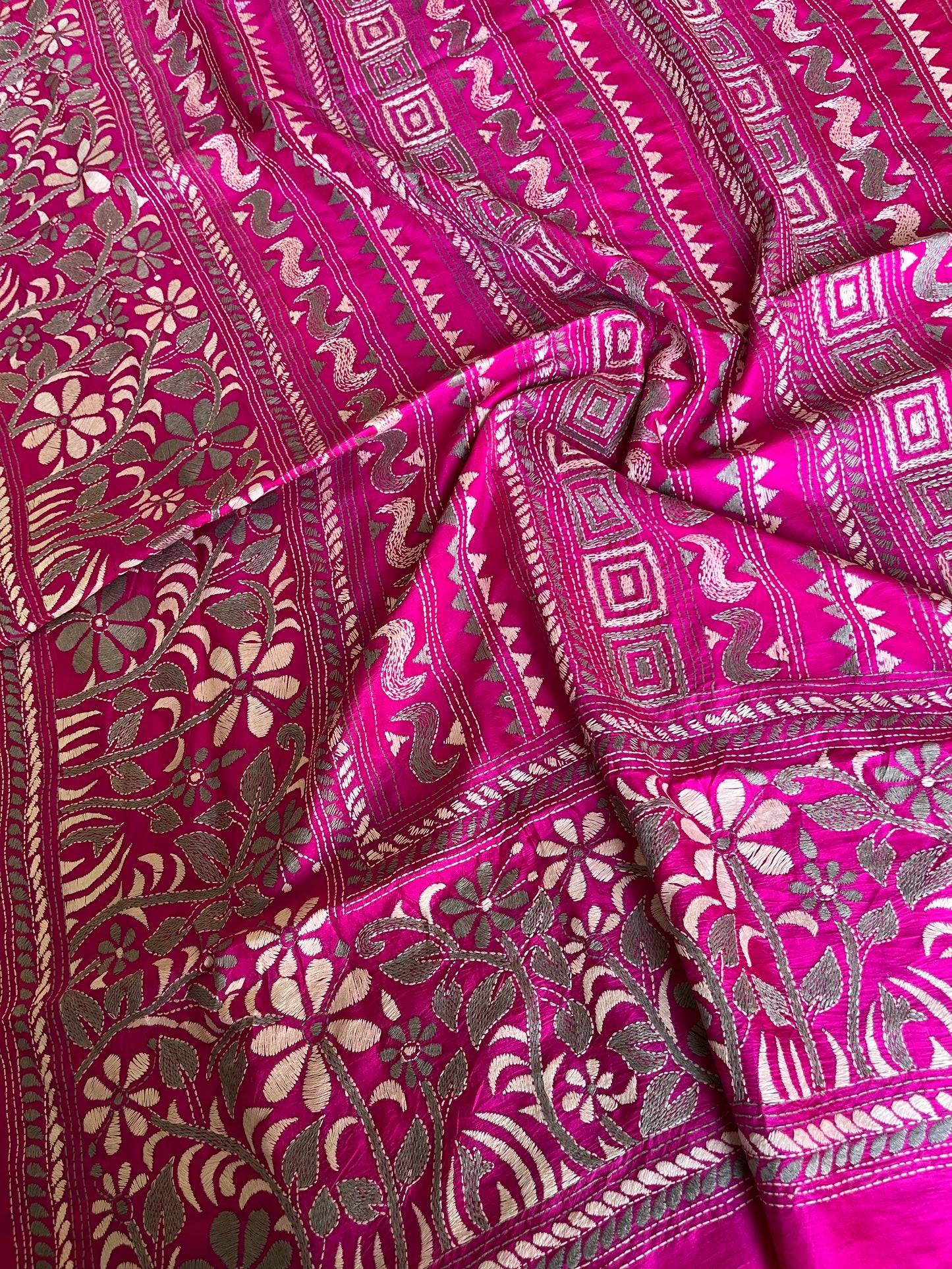 Rani Pink Kantha Stitch Hand Embroidary Full Work Pure Banglore Silk Dupatta. (With Silk Mark)