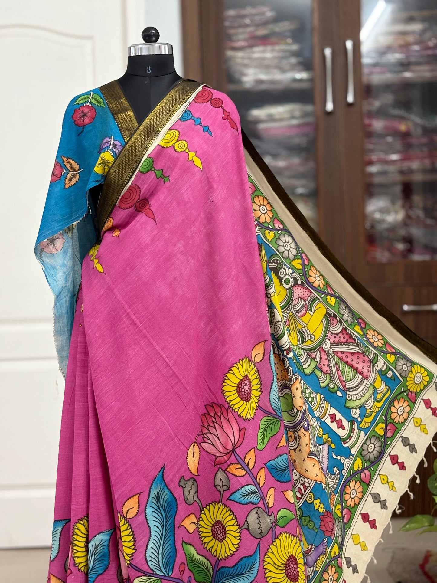 Pen Kalamkari hand painted pure cotton Saree with blouse