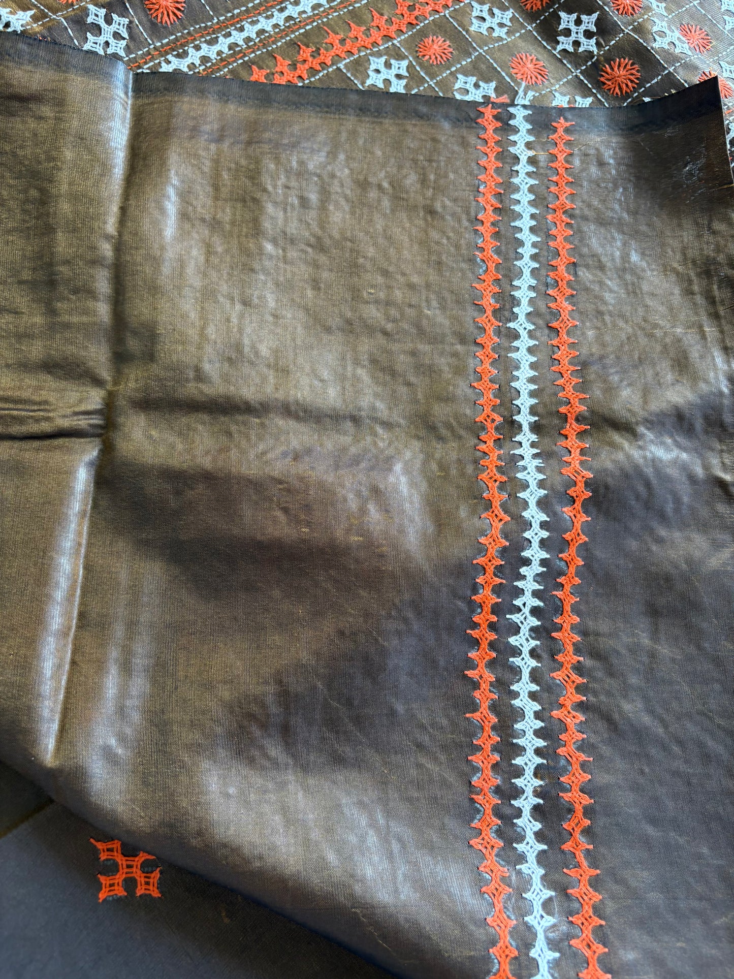 Gujrati Stitch/Kutch Hand Embroidered Art Silk Saree