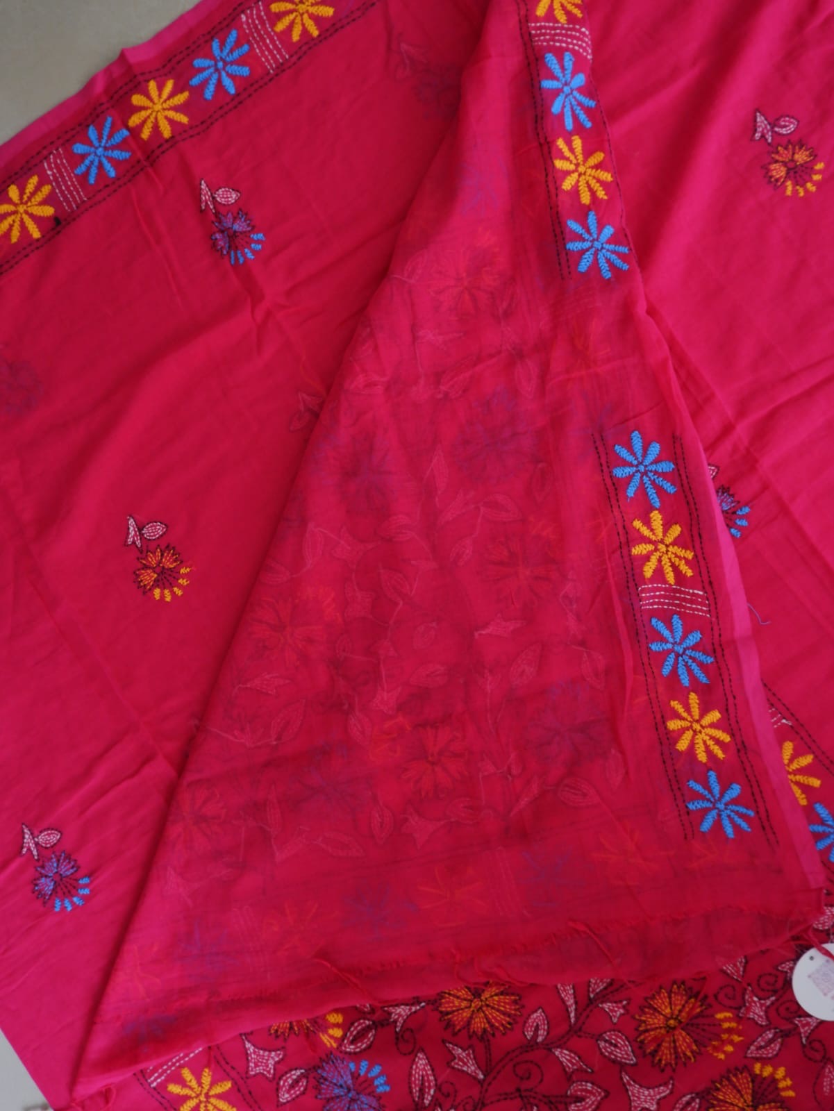 Kantha stitch Hand Embroidered Pure mul Cotton Saree