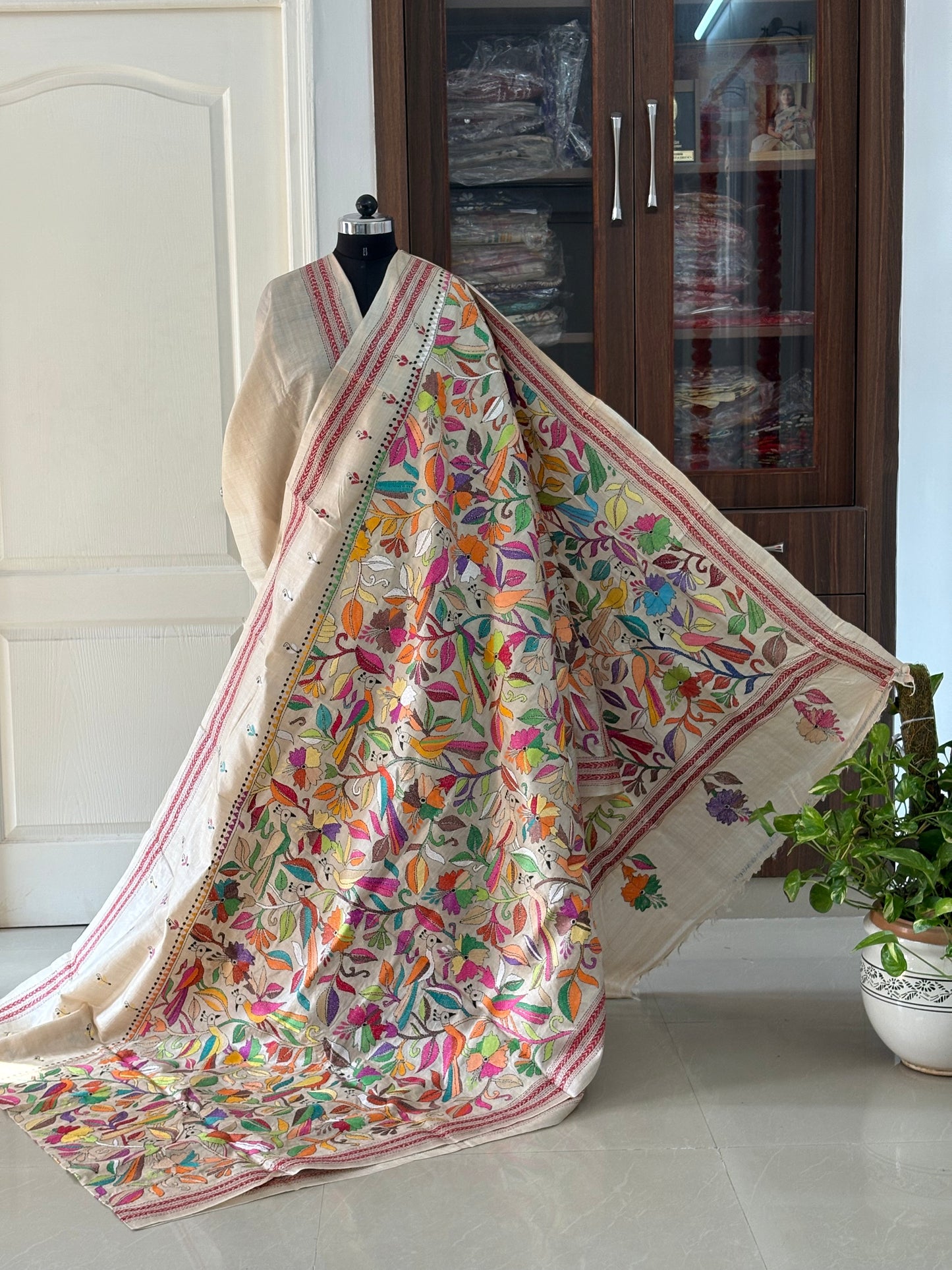 Kantha Stitch Hand Embroidered Pure Gachi Tussar Silk Saree (Silk marked)
