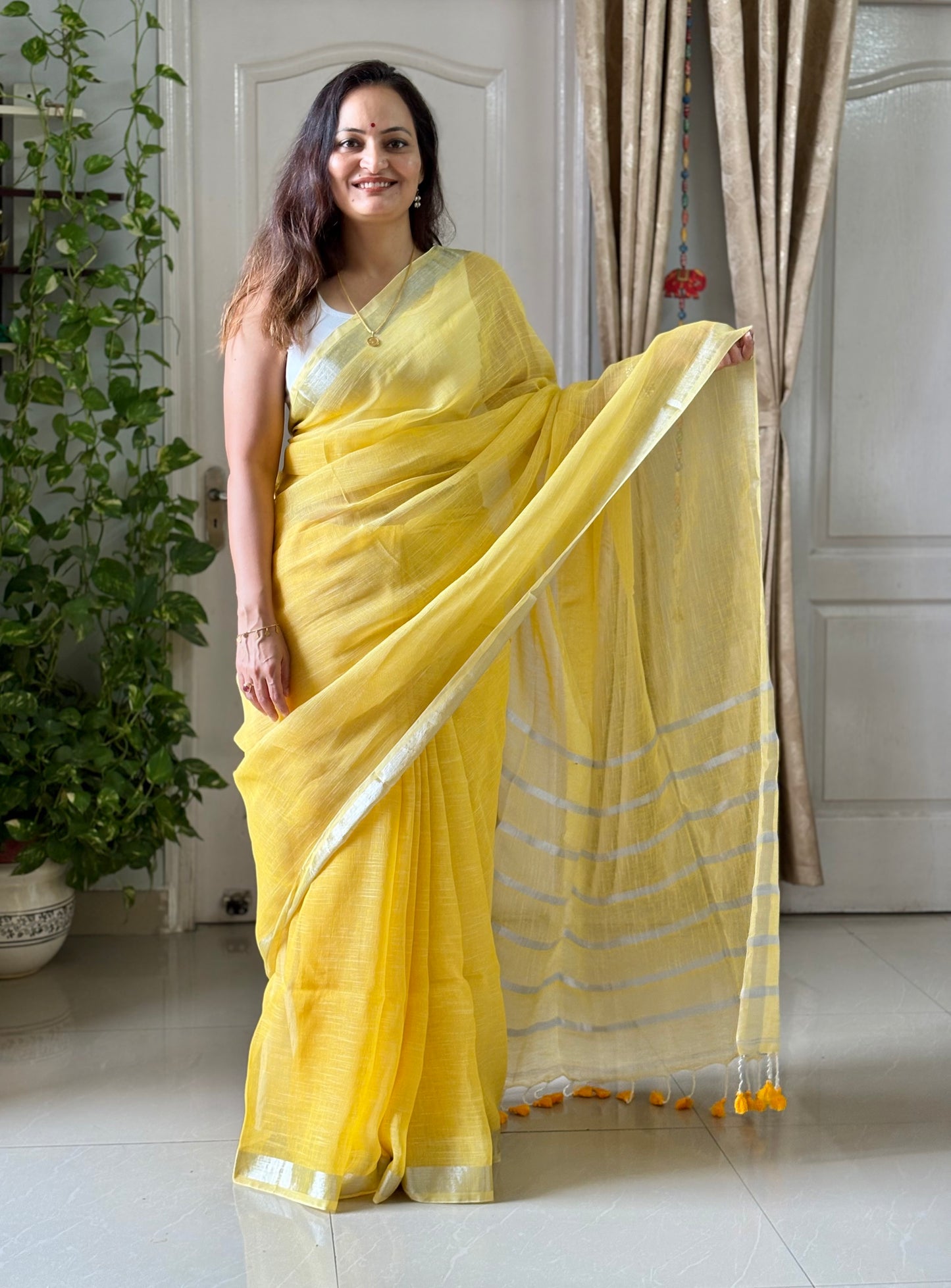 Linen By Linen Saree With Blouse - yellow