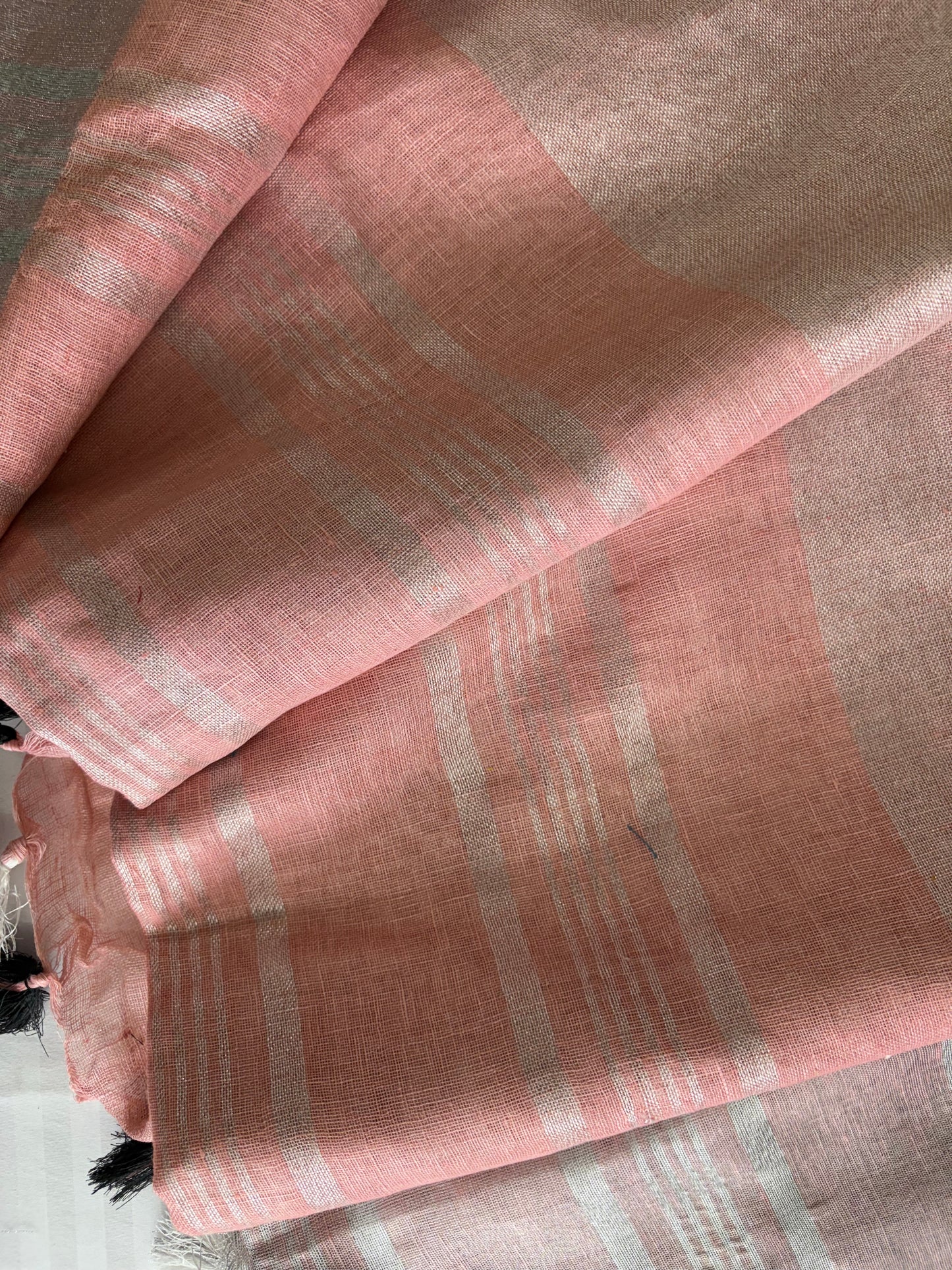 Peach silver pure Linen By Linen Saree With running Blouse