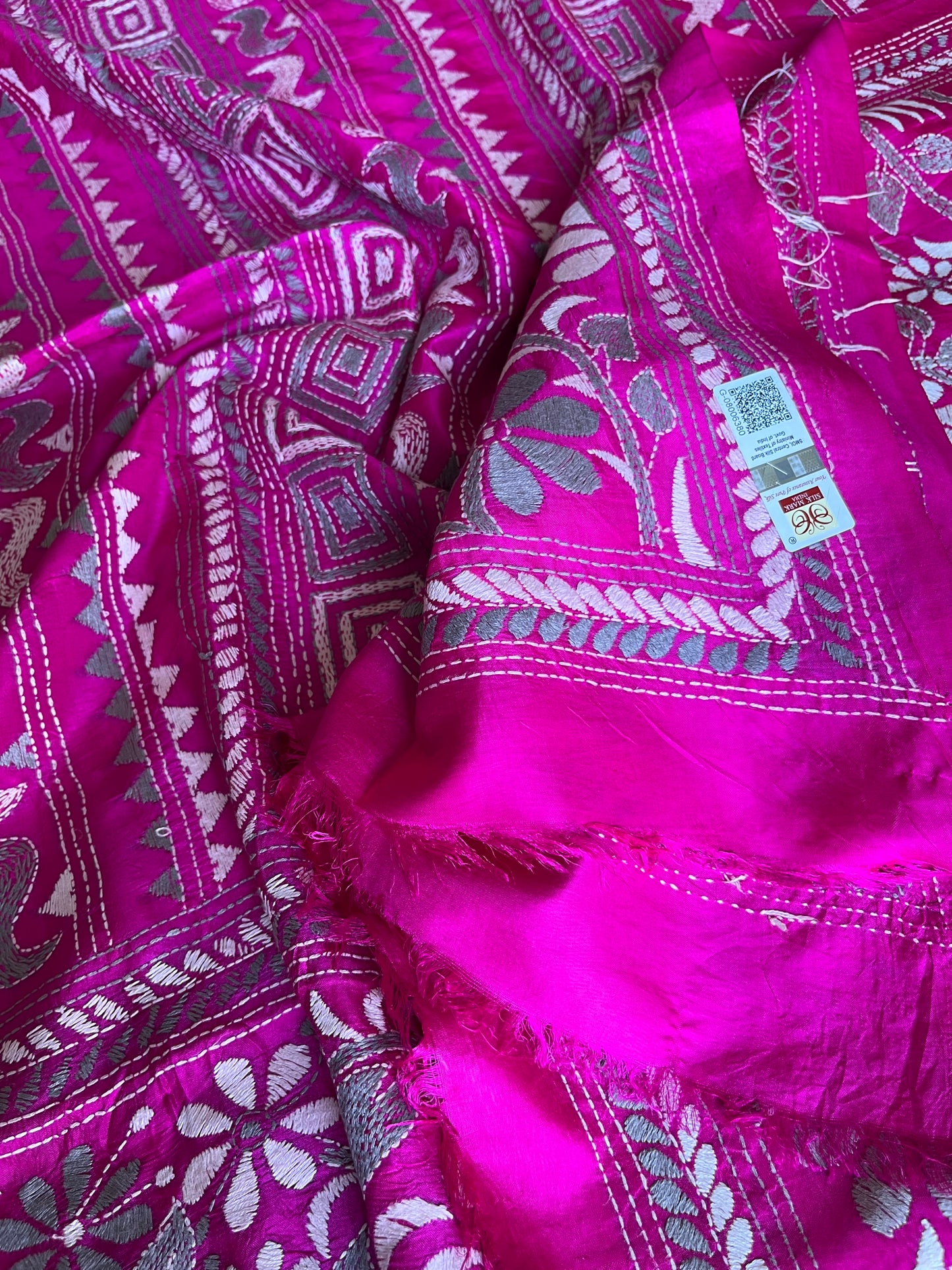 Rani Pink Kantha Stitch Hand Embroidary Full Work Pure Banglore Silk Dupatta. (With Silk Mark)