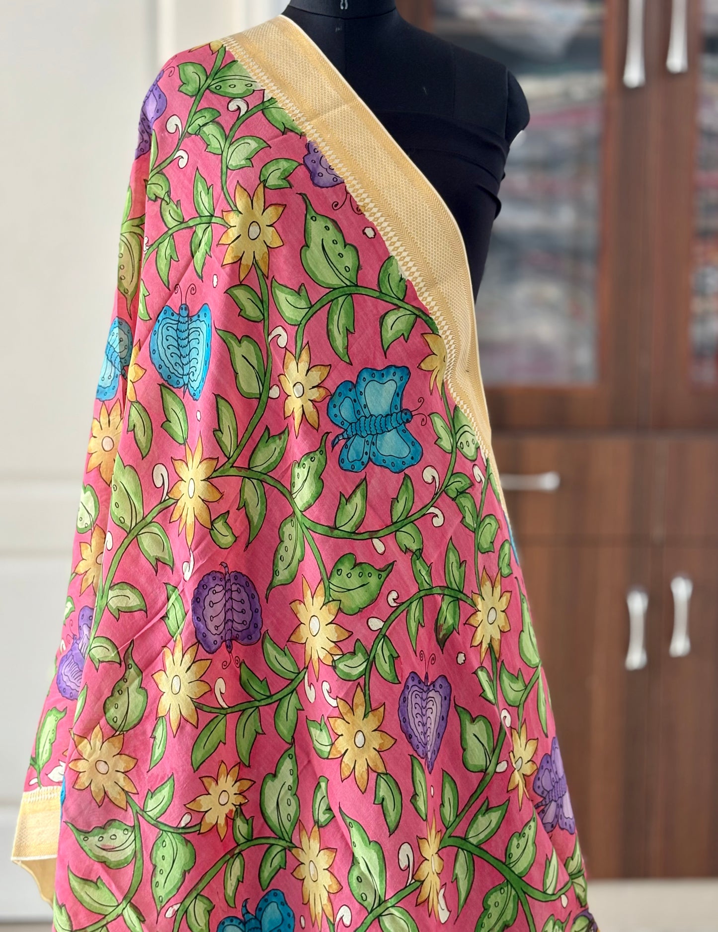 Pen Kalamkari hand painted Banglore Silk Dupatta