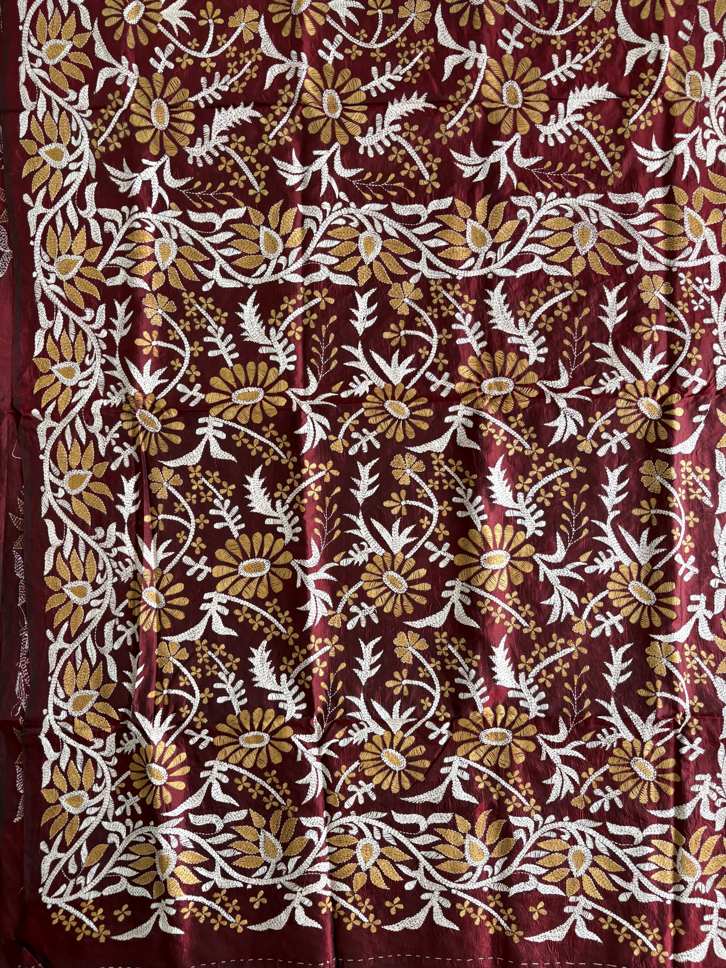 Maroon Kantha Stitch Hand Embroidered Pure Banglore Silk Saree